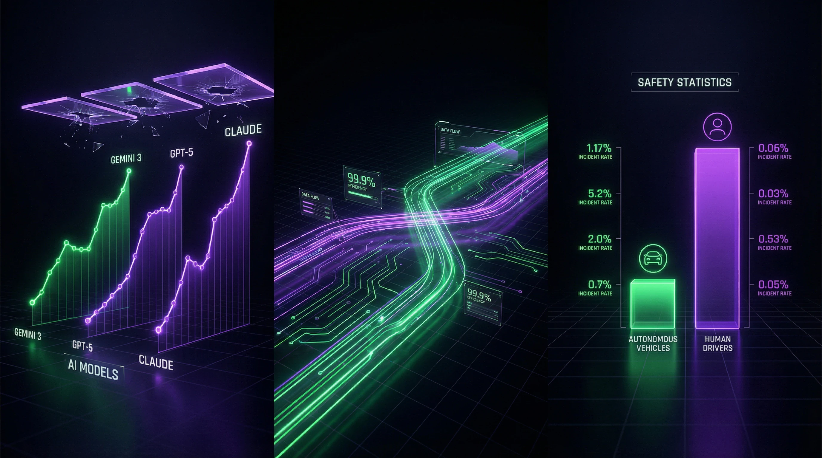Comparative charts of AI model performance and autonomous driving safety statistics