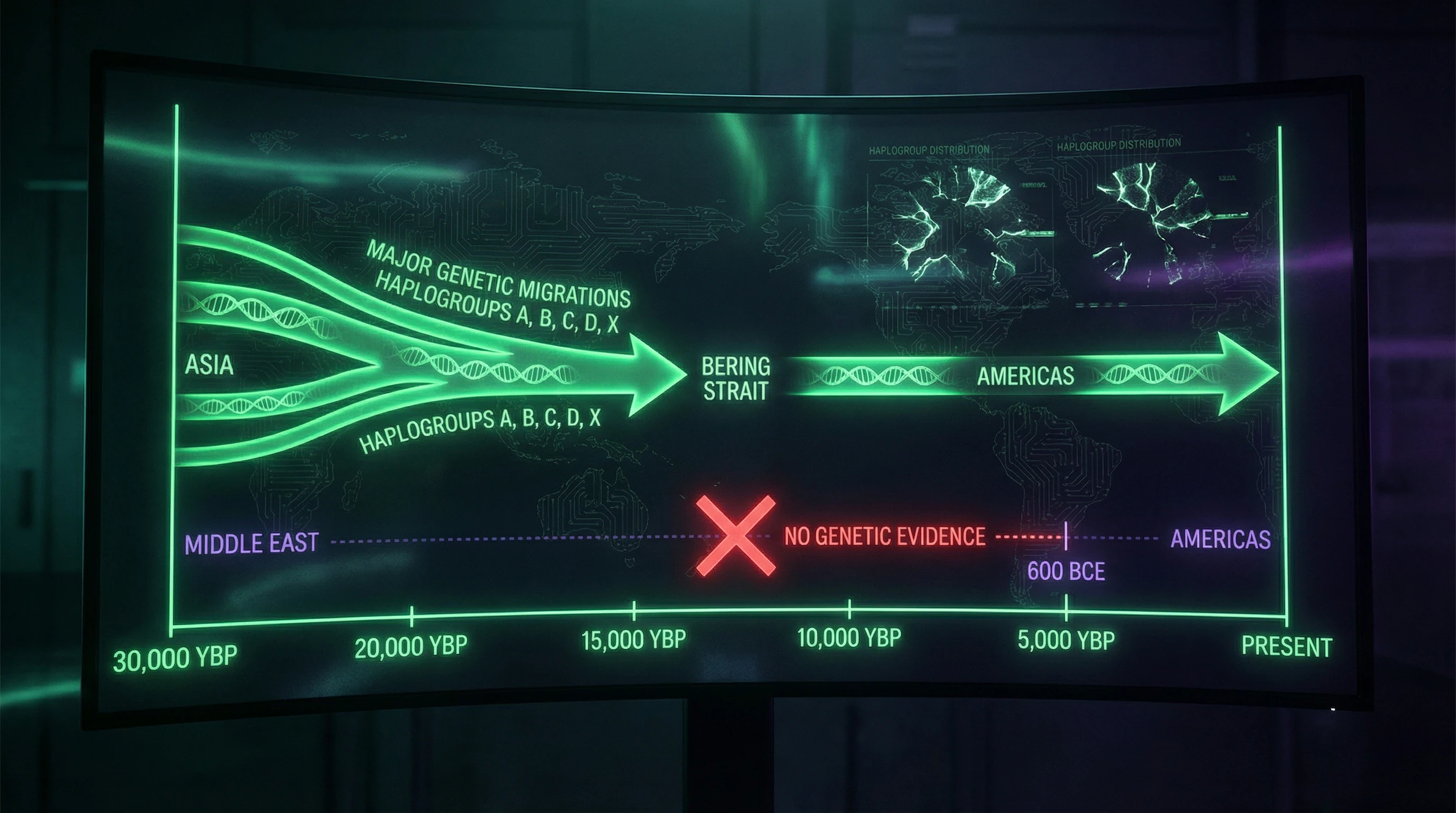 Timeline of genetic migrations to the Americas: Paleolithic waves from Asia 15-30 thousand years ago versus hypothetical migration of 600 BC
