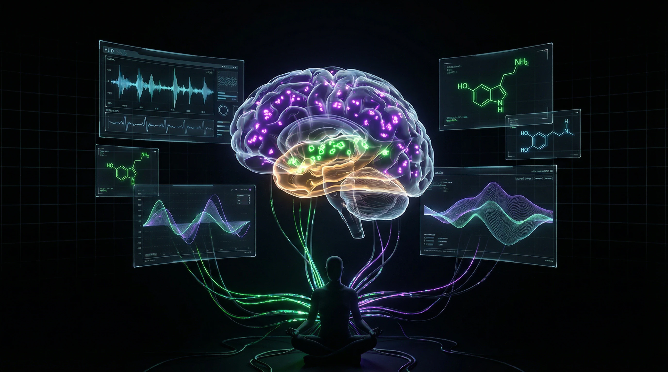 Visualization of brain activity during mystical experience with highlighted default mode network regions and serotonin receptors