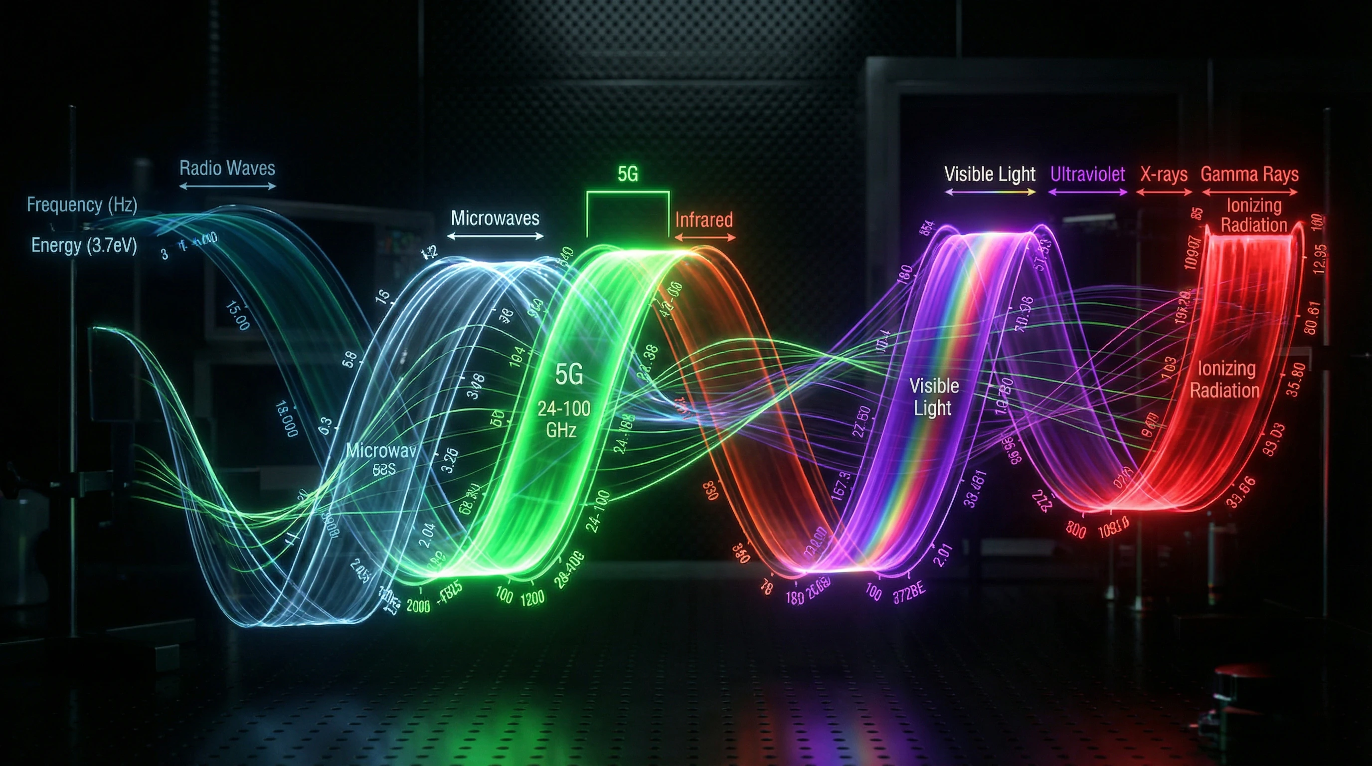 Visualization of the electromagnetic spectrum highlighting the 5G range and comparison with other radiation sources