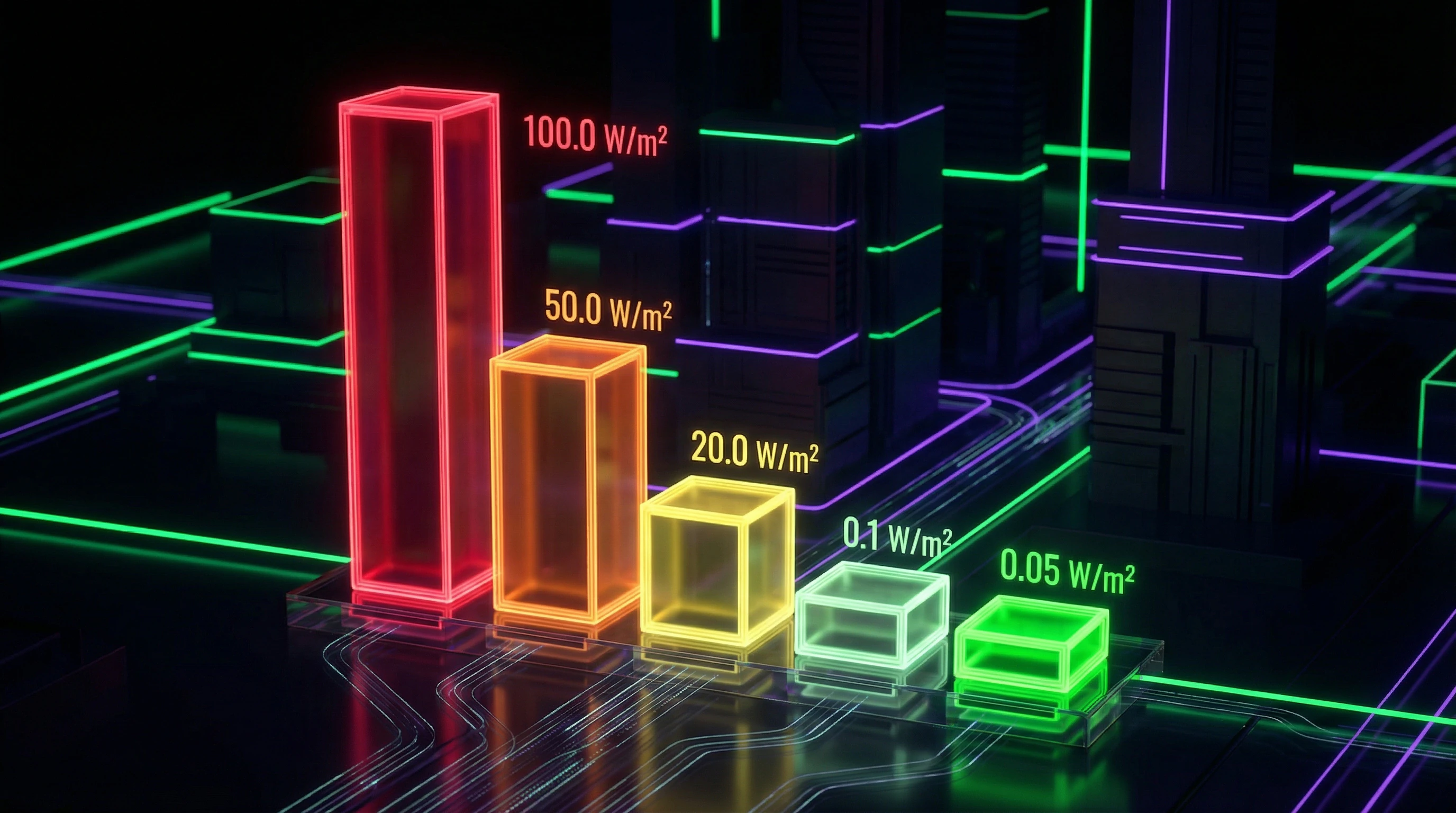 Comparative diagram of radiofrequency radiation exposure levels from various sources and safety threshold values