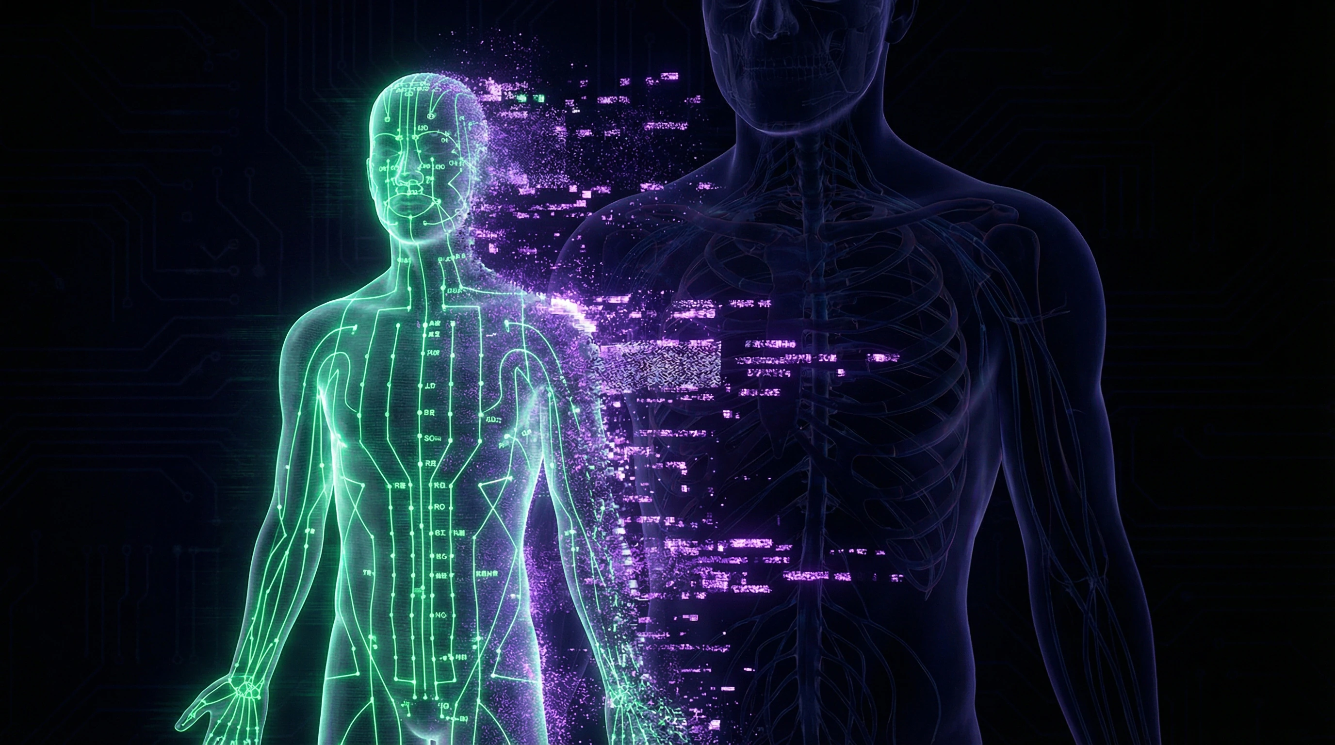 Traditional Chinese Medicine meridian maps dissolving into digital noise