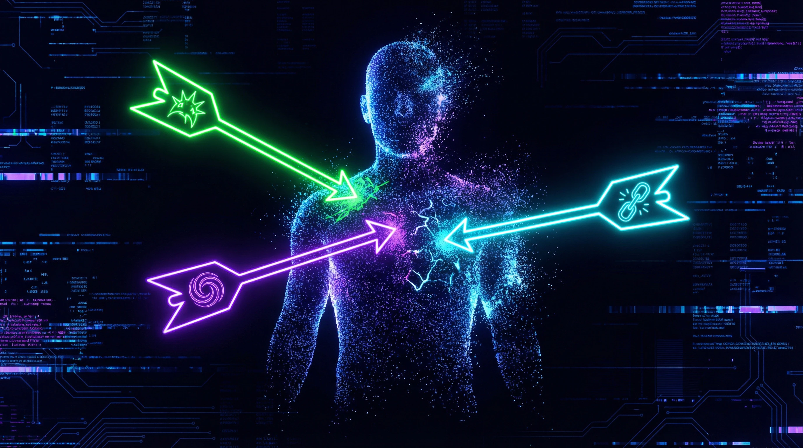 Three types of ad hominem attacks as neon arrows aimed at a person's silhouette