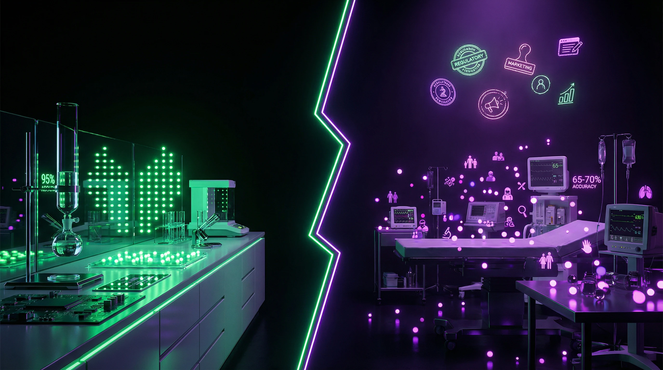 Schematic illustration of the gap between laboratory validation and clinical practice of medical AI systems