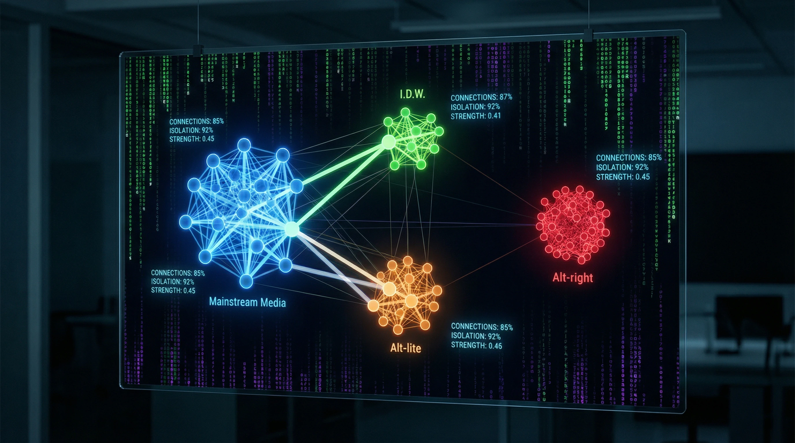 Network graph of recommendations between content categories with visualization of connection strength