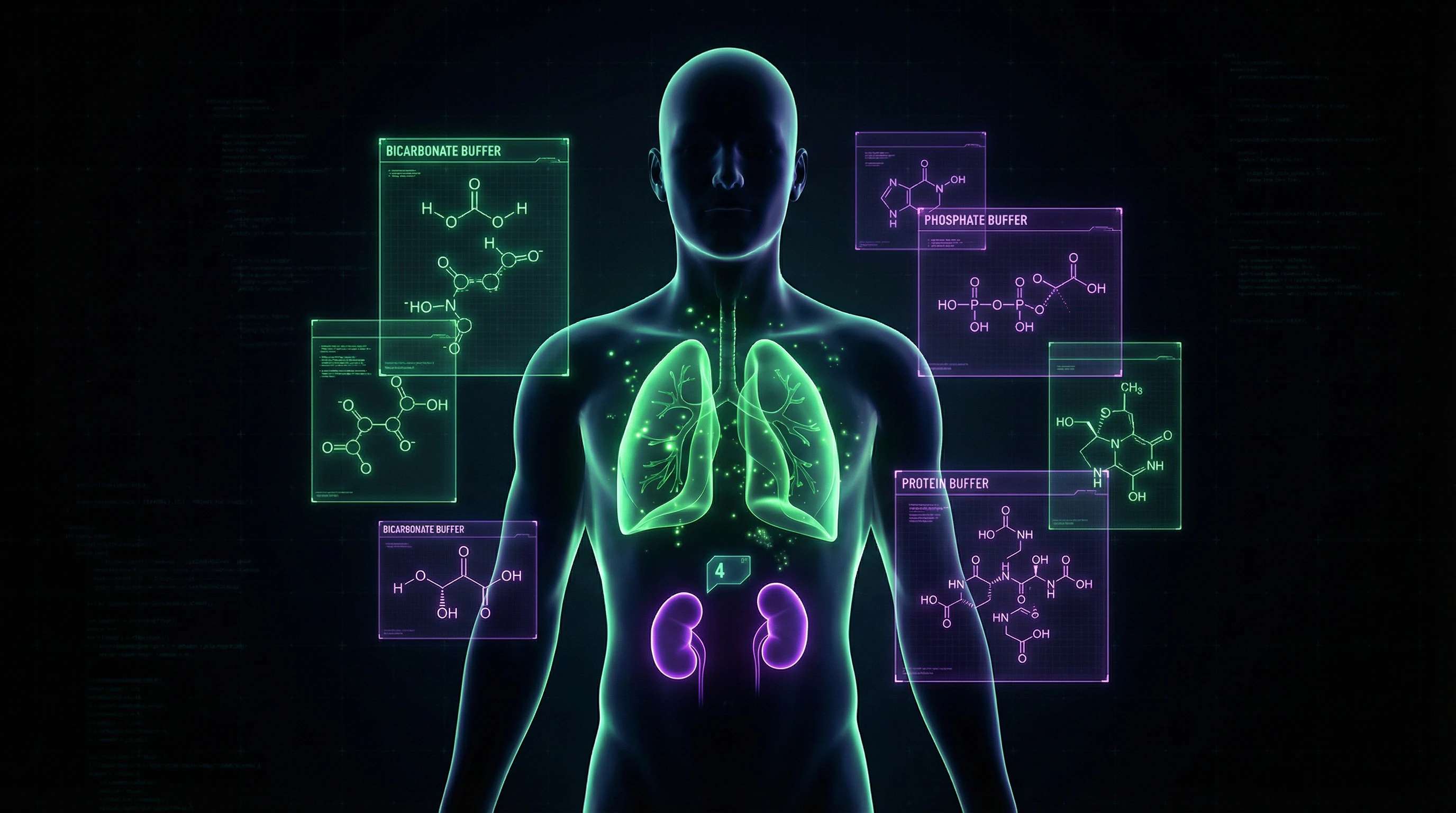 Diagram of blood pH regulation: buffer systems, kidneys, and lungs