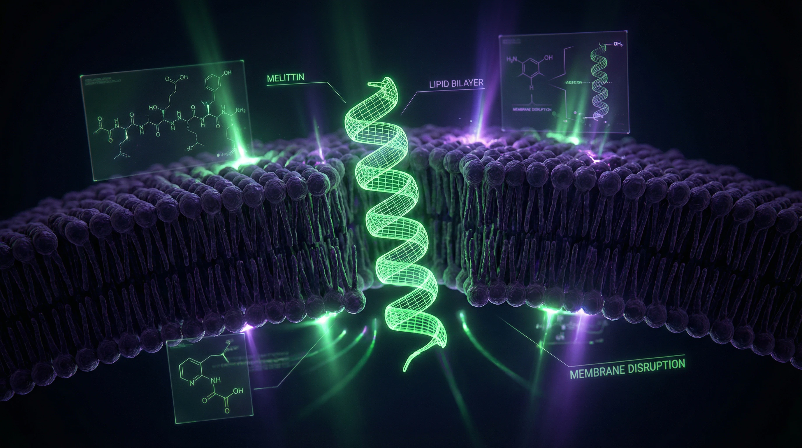 Dreidimensionale Molekülstruktur von Melittin mit hervorgehobenen aktiven Stellen vor Zellmembran-Hintergrund