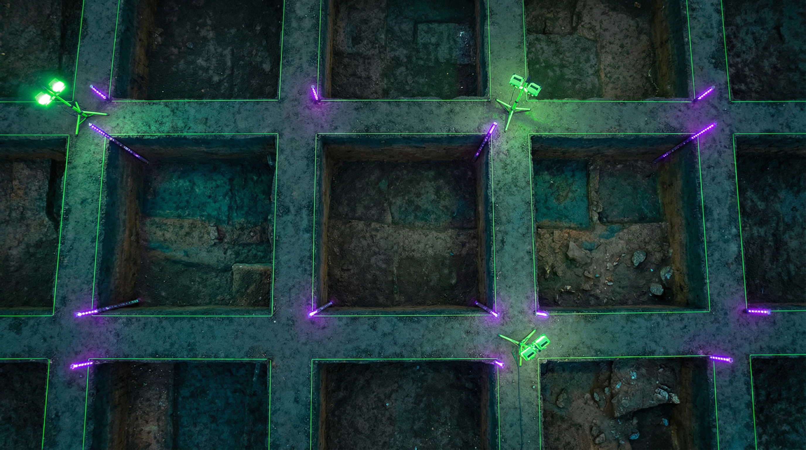 Archaeological excavation unit with measuring instruments and empty stratigraphic layers