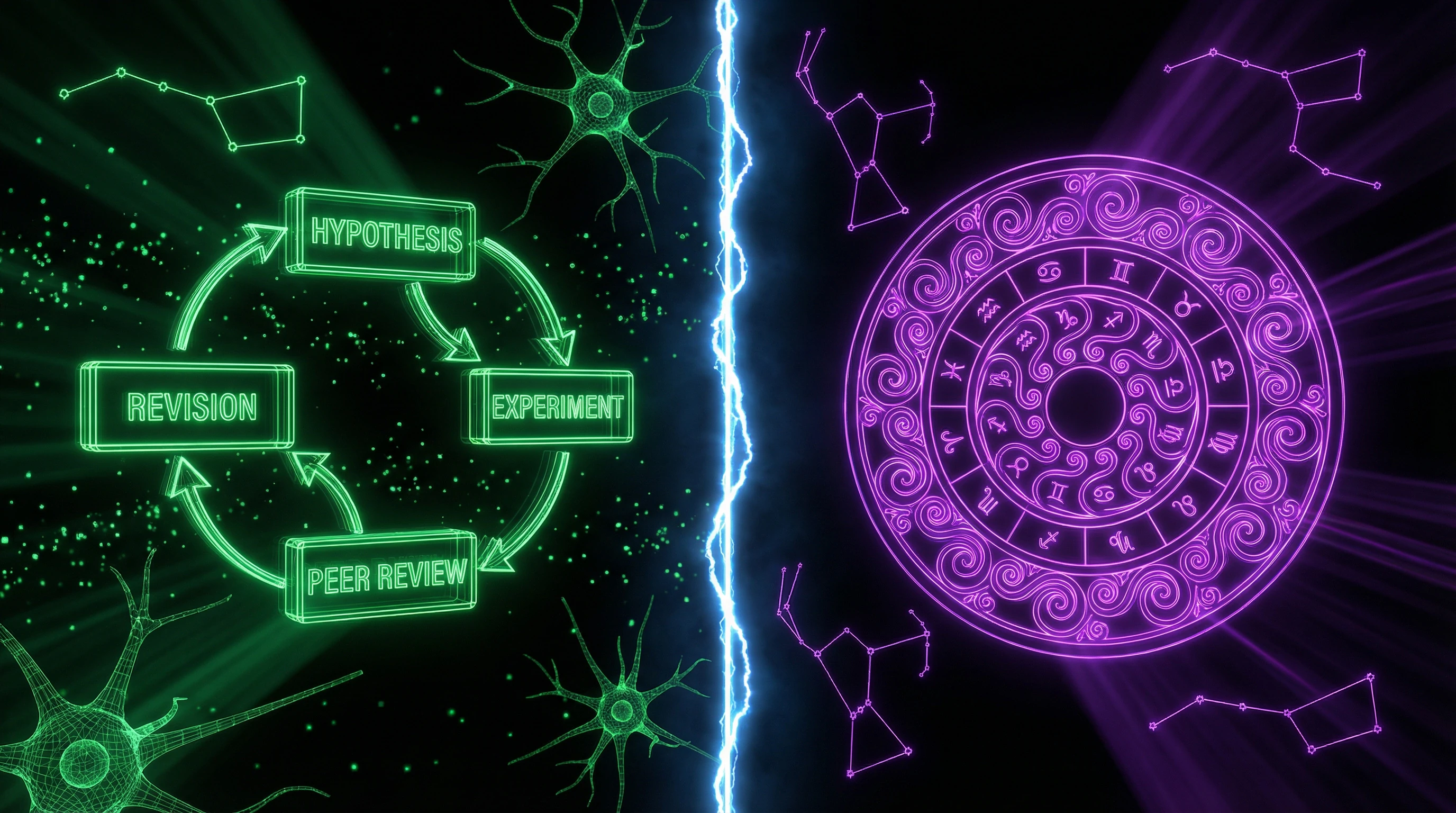 Visual comparison of scientific method and astrological interpretation through cyber-aesthetic lens