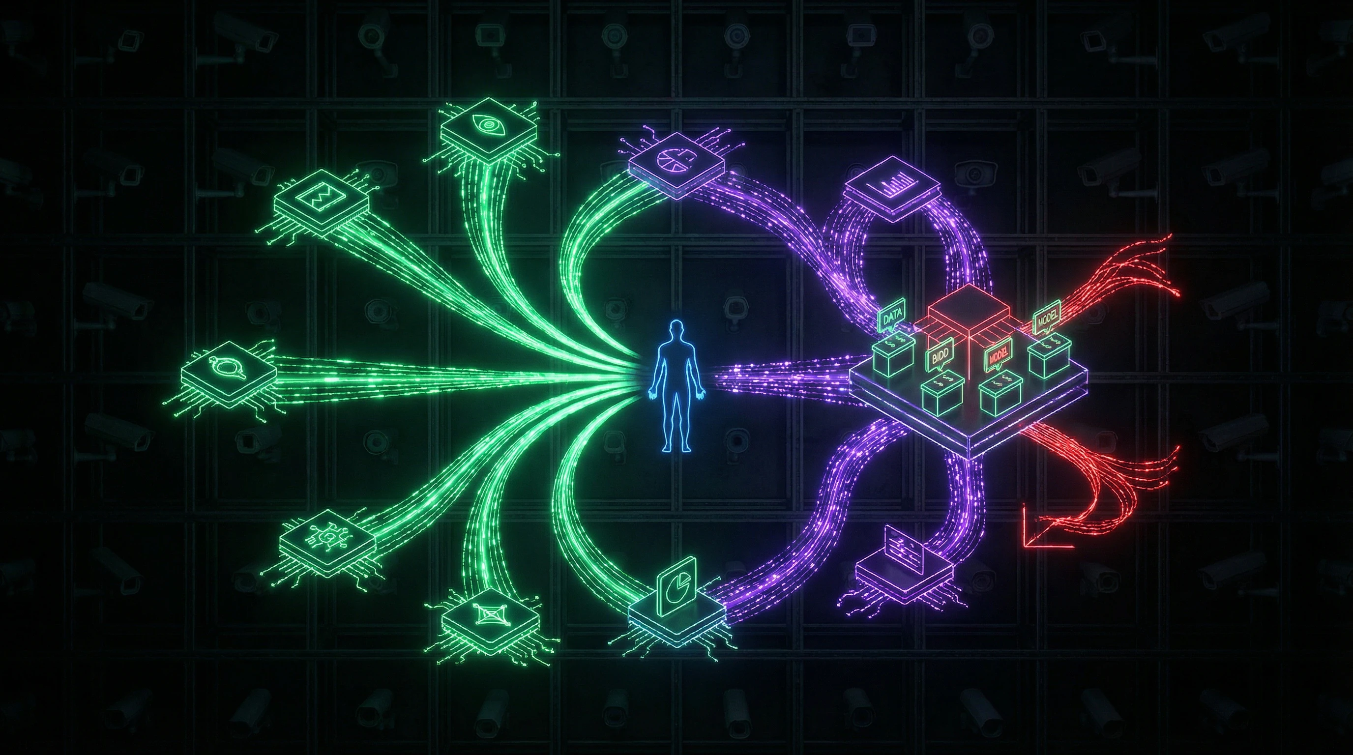 Schema der Aufmerksamkeitsströme im digitalen Ökosystem mit Knotenpunkten der Datenextraktion