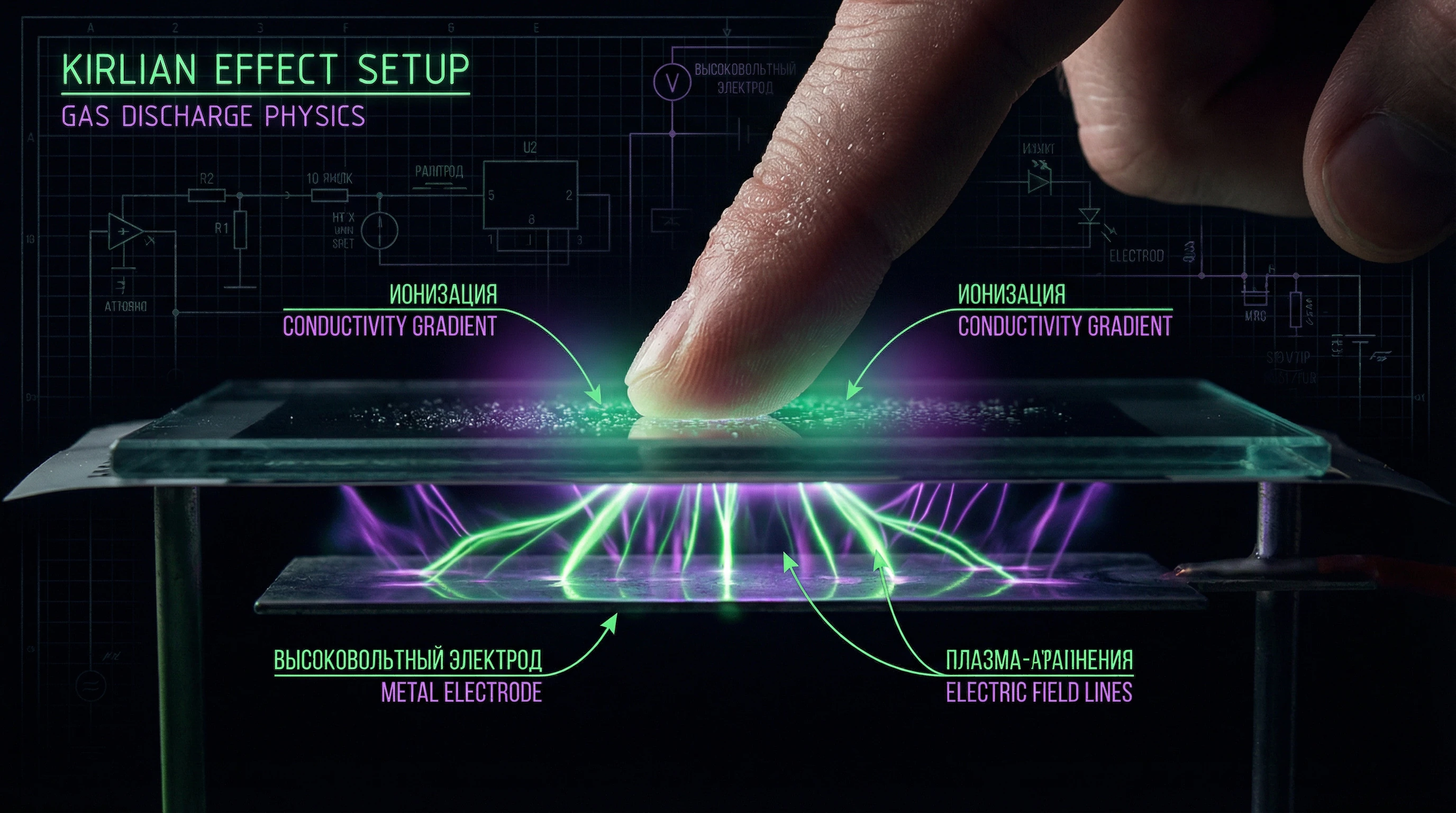 Diagram of corona discharge formation in Kirlian photography with physical parameters indicated
