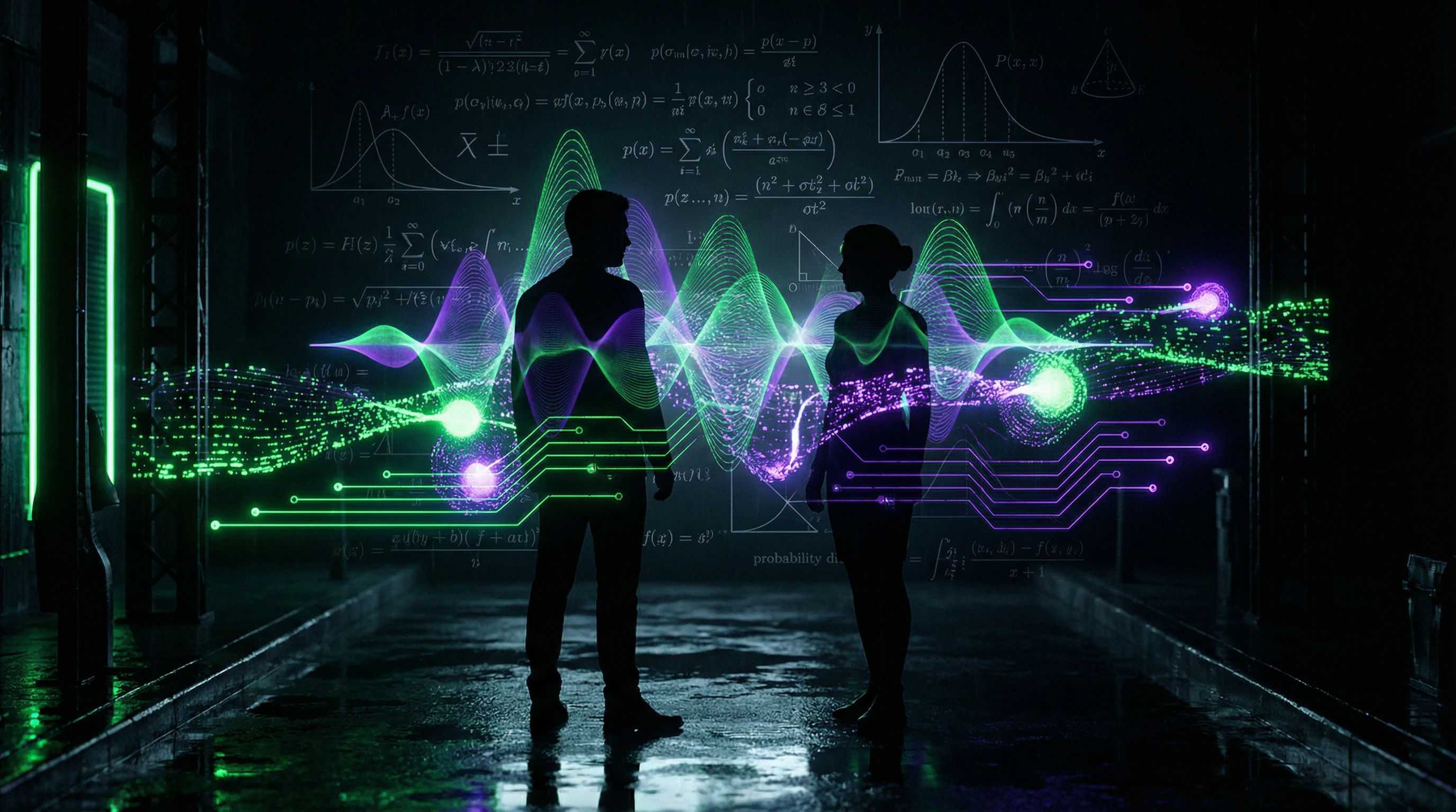 Quantum decision theory visualization showing probability wave interference patterns in social agent decision-making