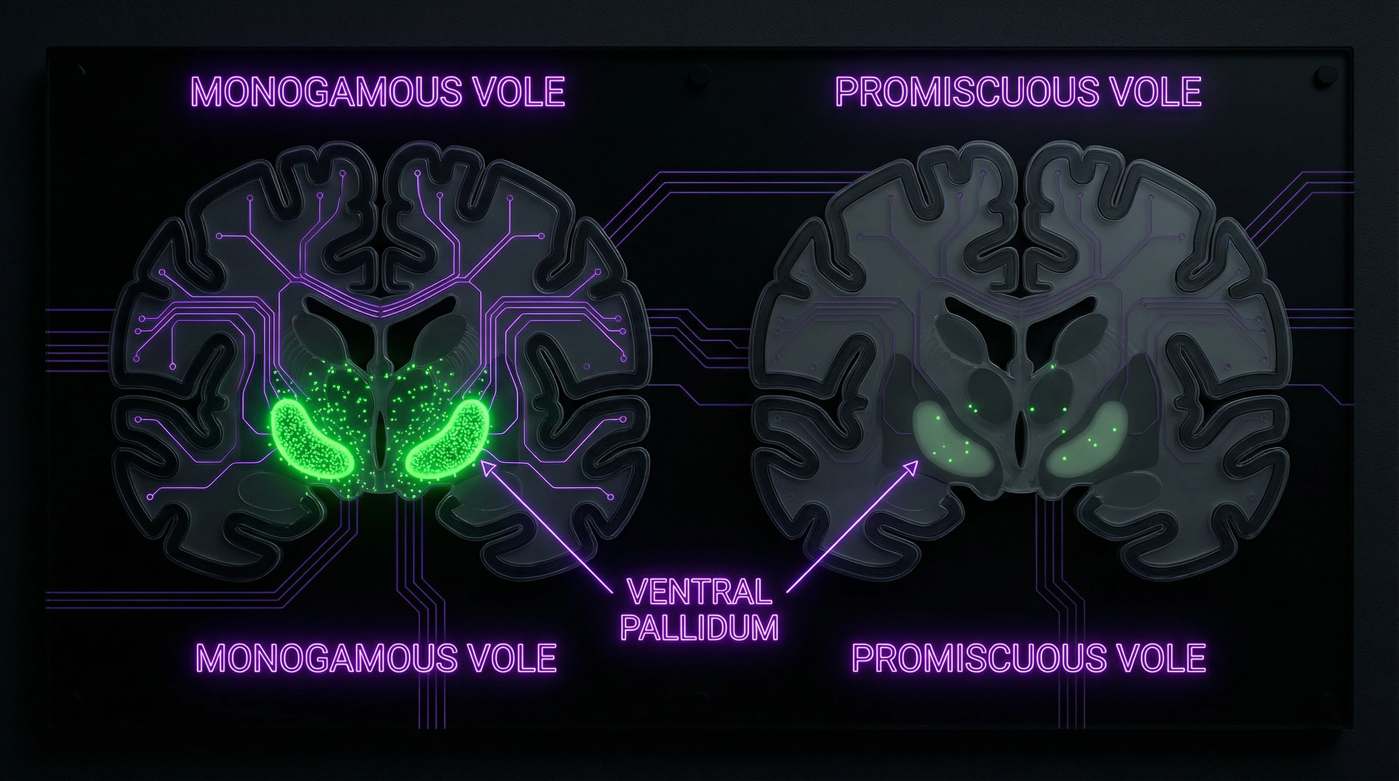 Comparación esquemática de la expresión de receptores AVPR1a en cerebros de topillos monógamos y promiscuos