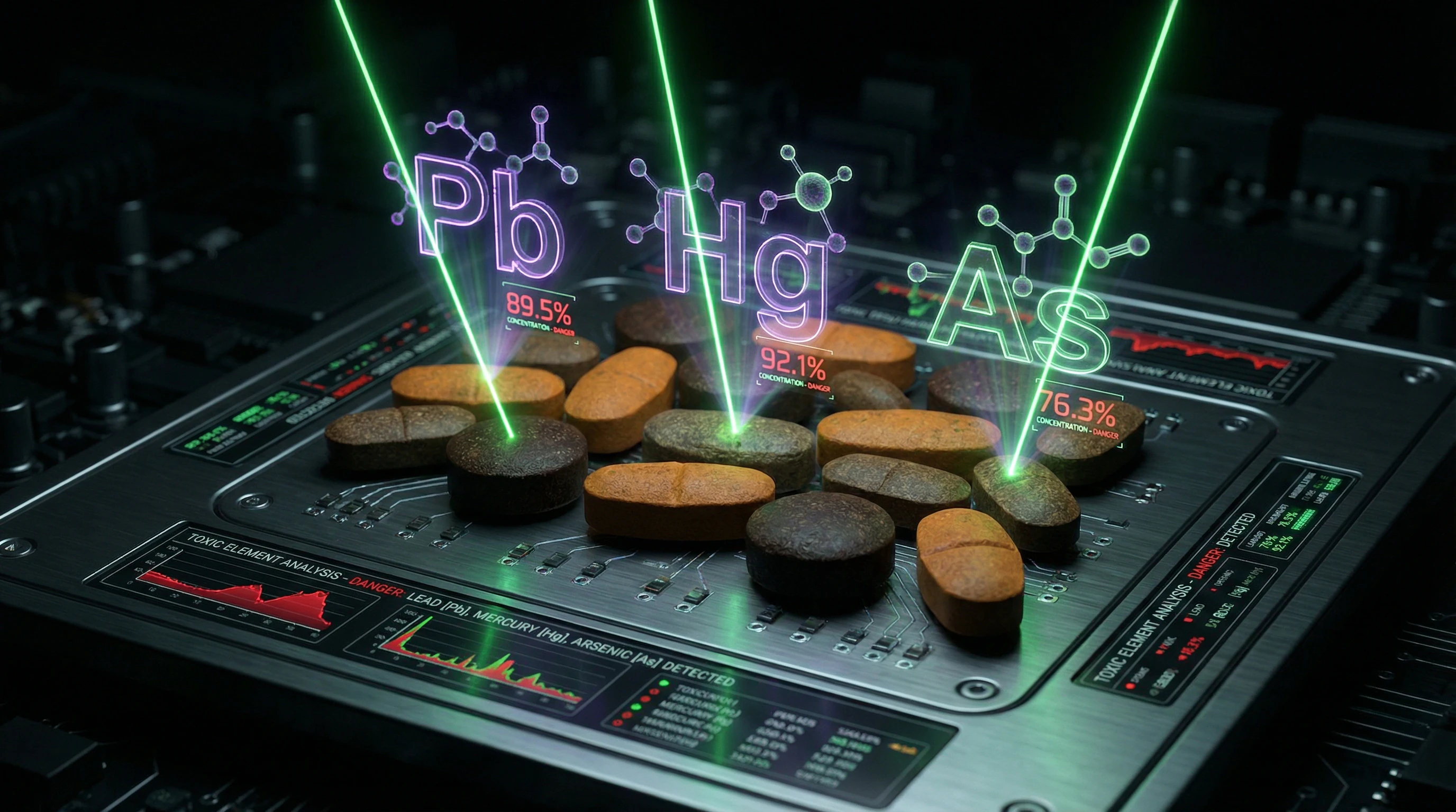 Ayurvedic tablets under microscope with visualization of heavy metal molecules