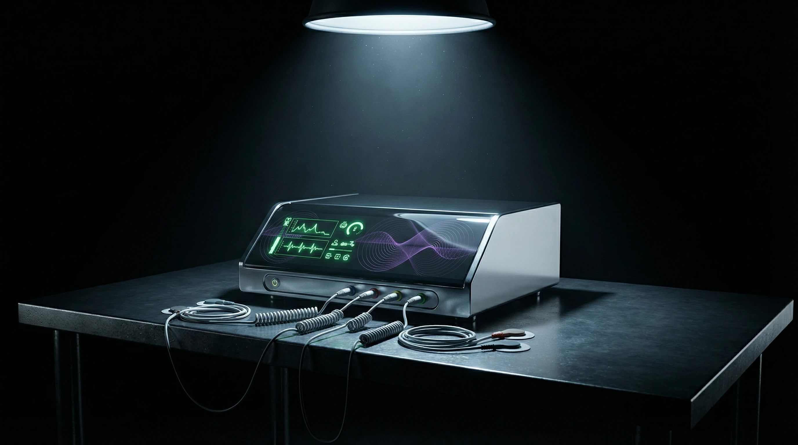 Bioresonance therapy device with electrodes in dark clinical setting