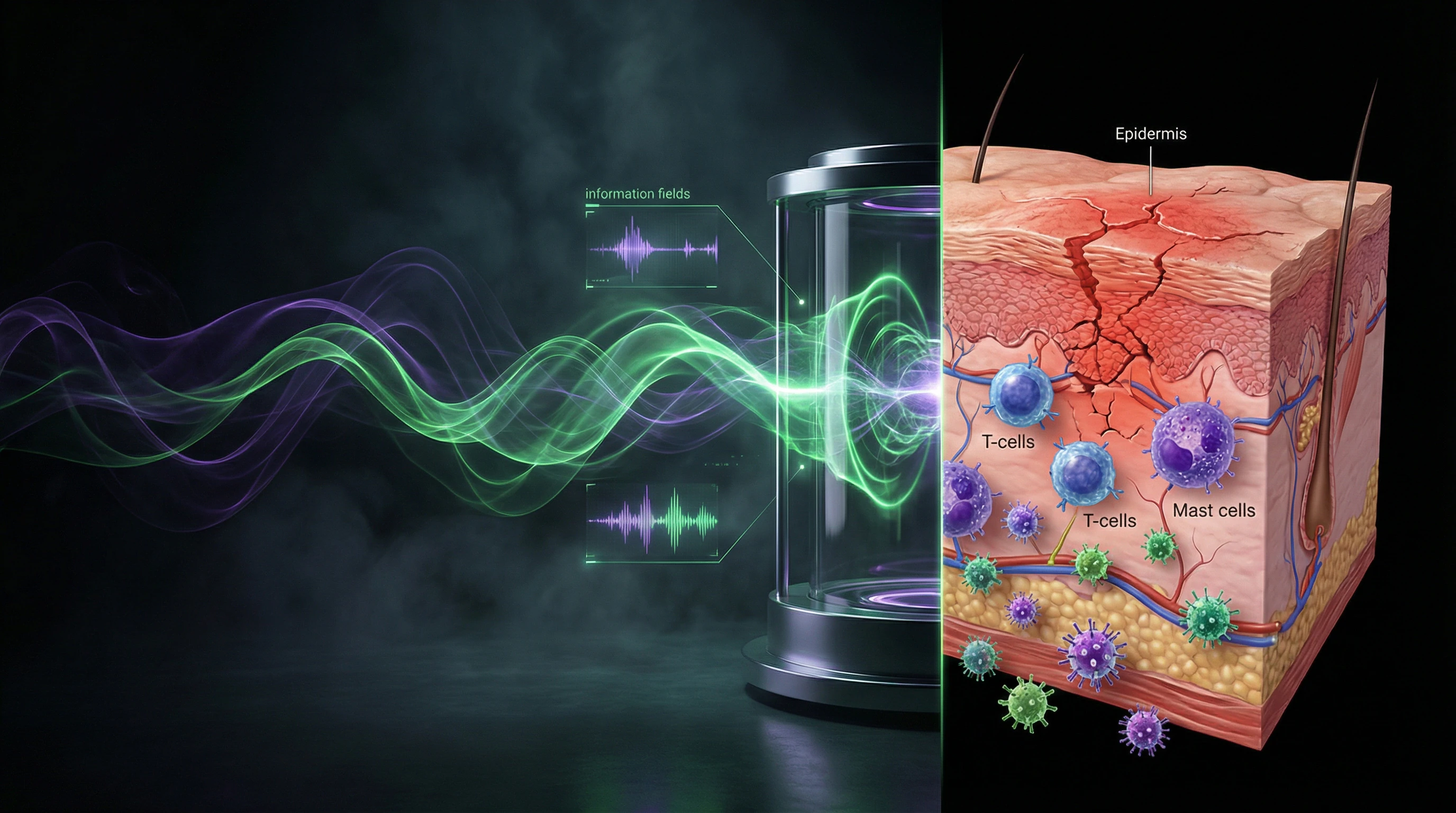 Conceptual visualization of bioresonance therapy claims versus scientific reality