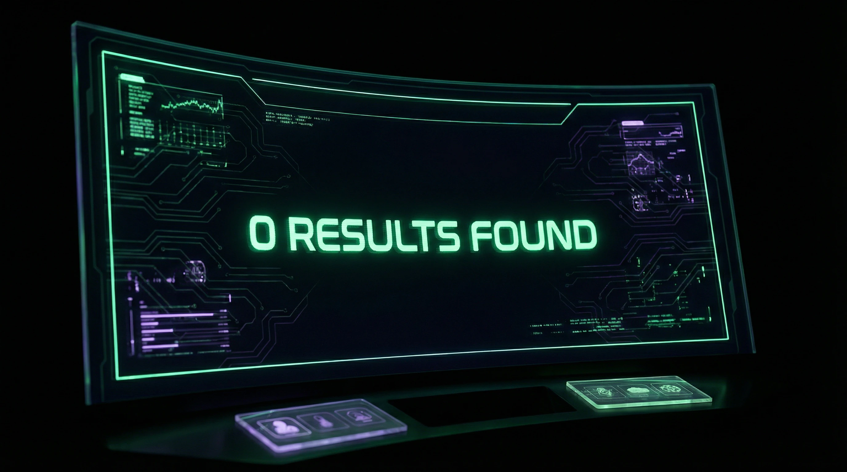 Visualization of empty search results in medical database with neon indicators showing no records found