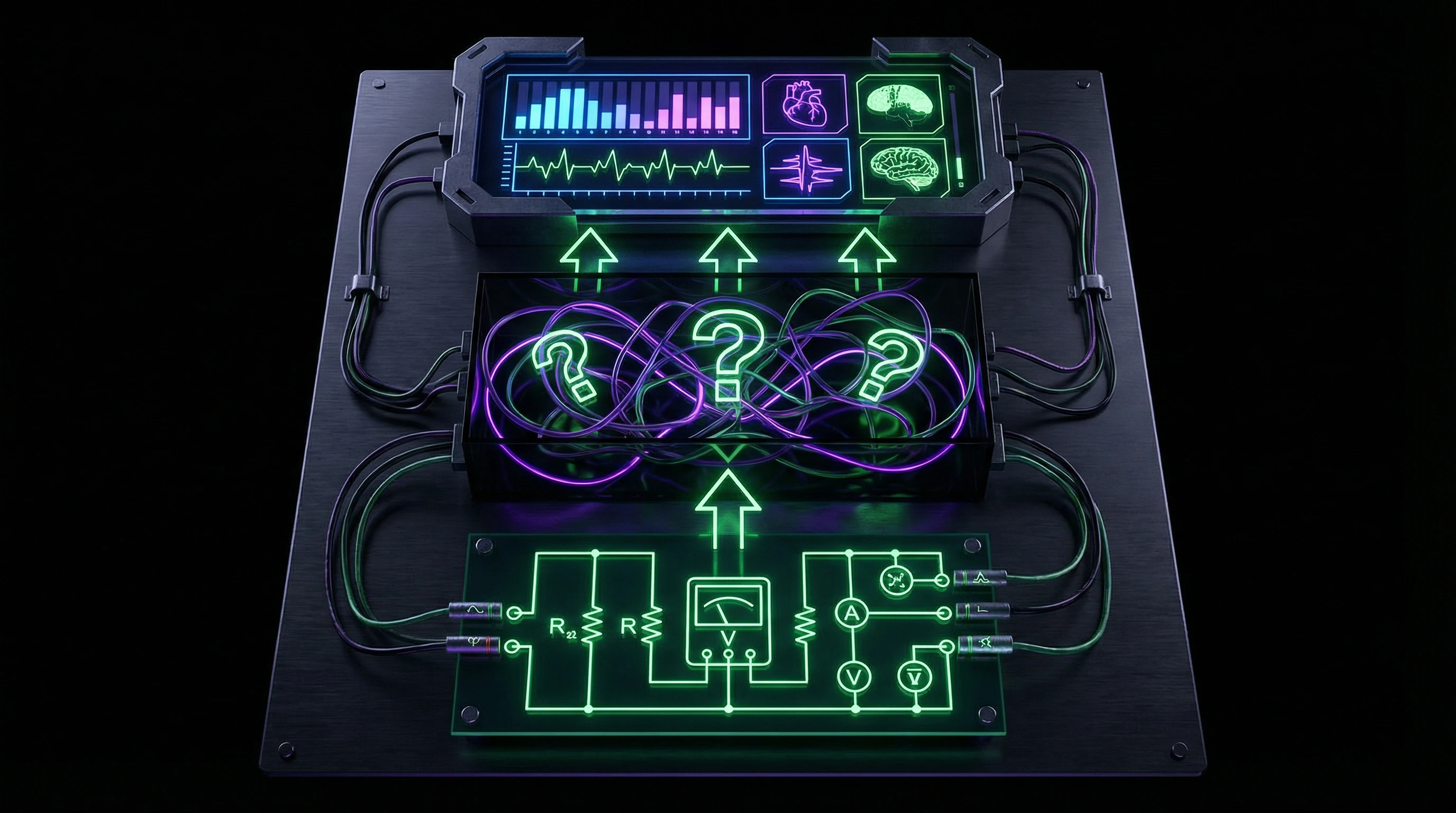 Diagram showing transformation of simple skin resistance measurement into pseudoscientific diagnosis through layers of interpretation