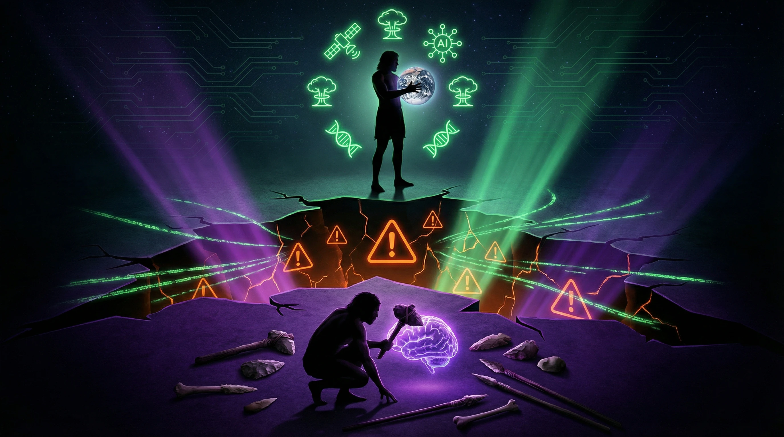 Visualization of the gap between humanity's technological power and cognitive capacity