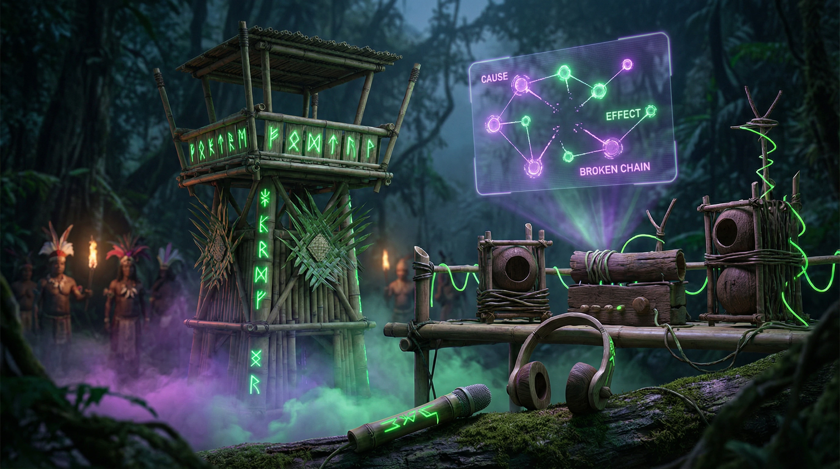 Bamboo control tower with ritual symbols in Vanuatu jungle