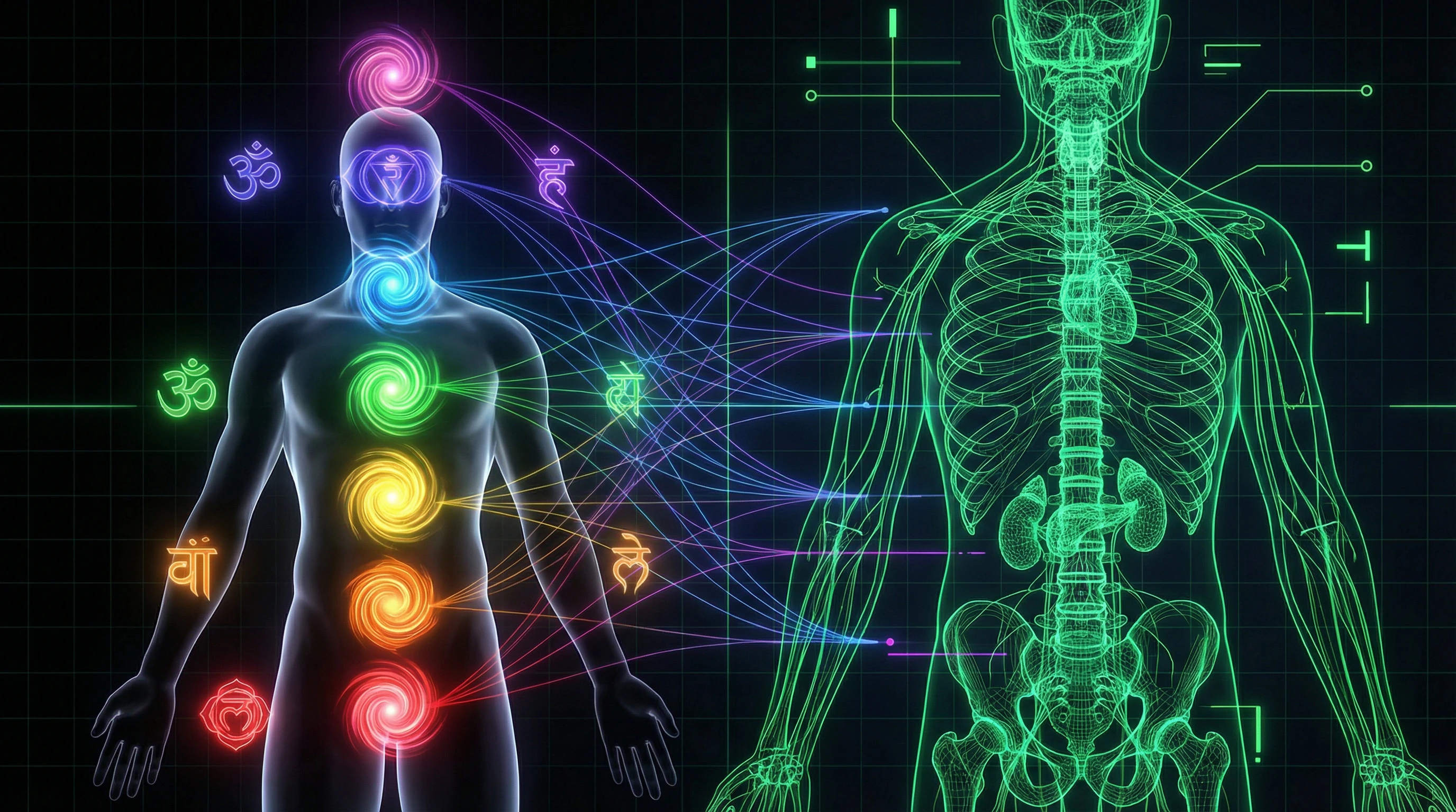 Diagram of seven chakras overlaid on anatomical image of spine and nervous system