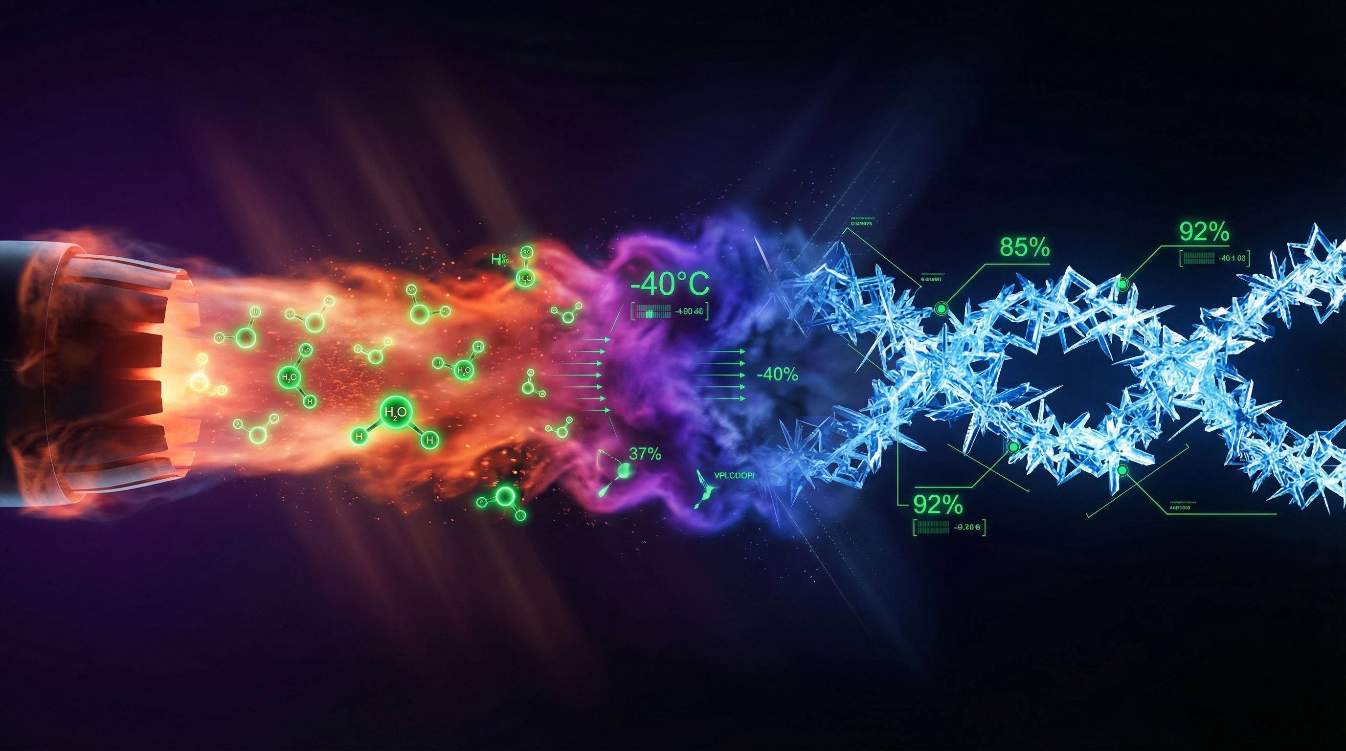 Diagram of contrail formation behind an aircraft showing temperature, humidity, and water phase transitions