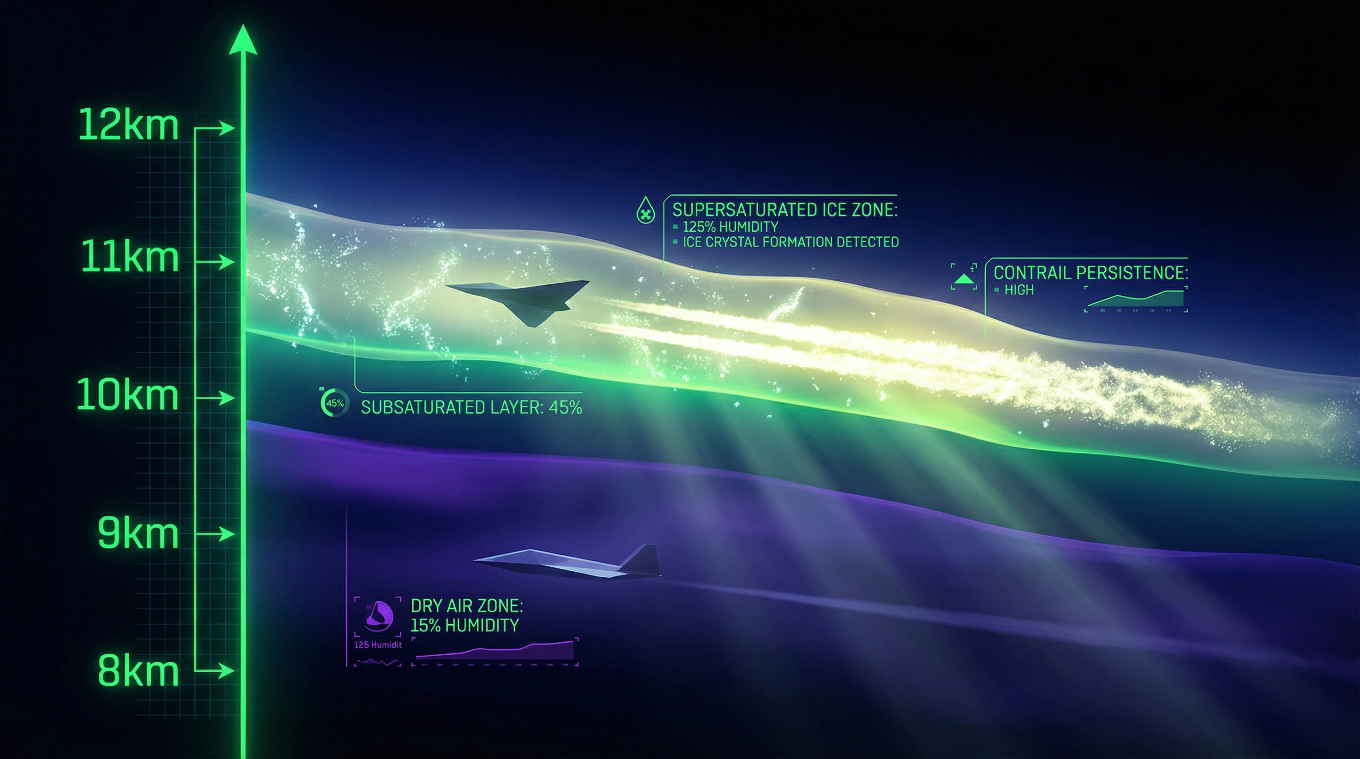 Visualization of atmospheric layers with varying humidity and aircraft trajectories, showing why trails don't always appear