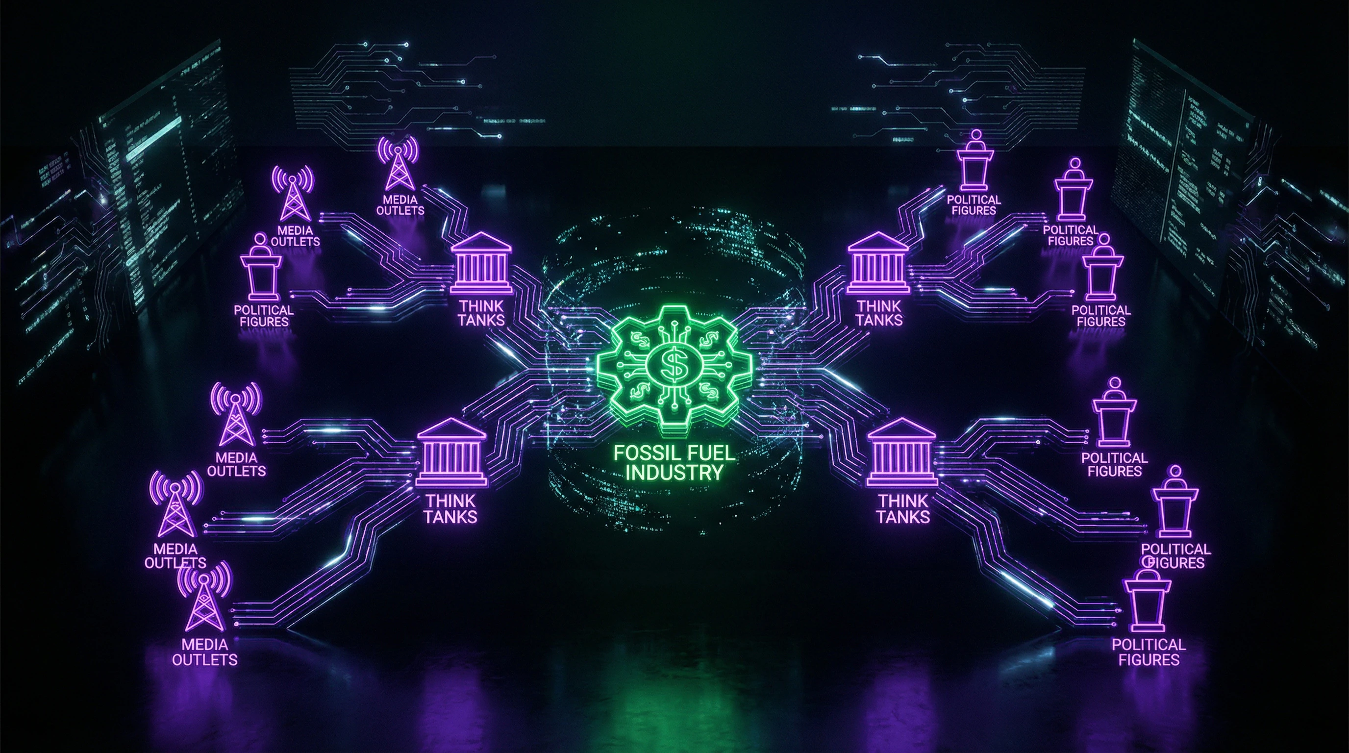 Diagram of organized climate denial network with financial flows from fossil fuels to think tanks and media