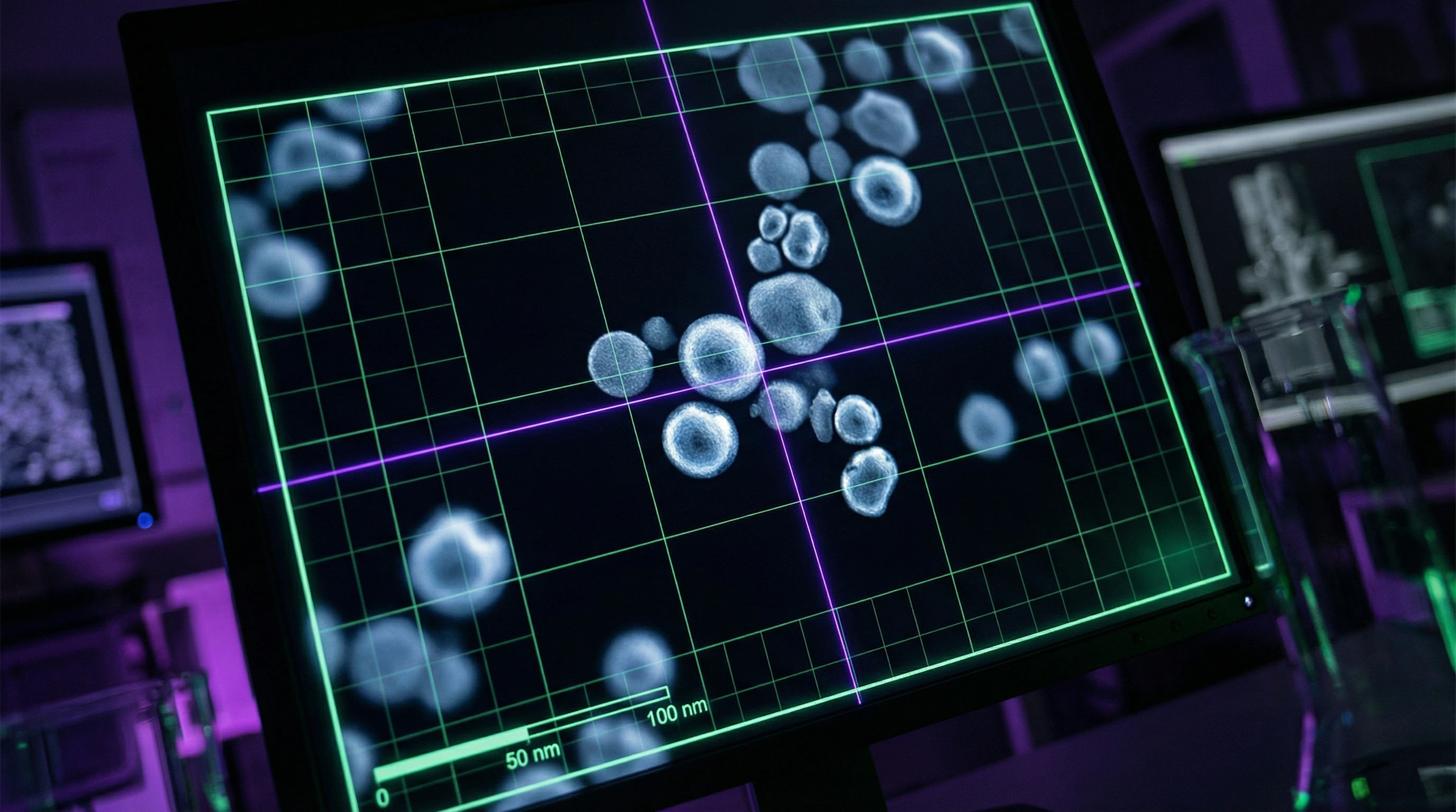 Microscopic image of silver nanoparticles in colloidal solution with measurement scale