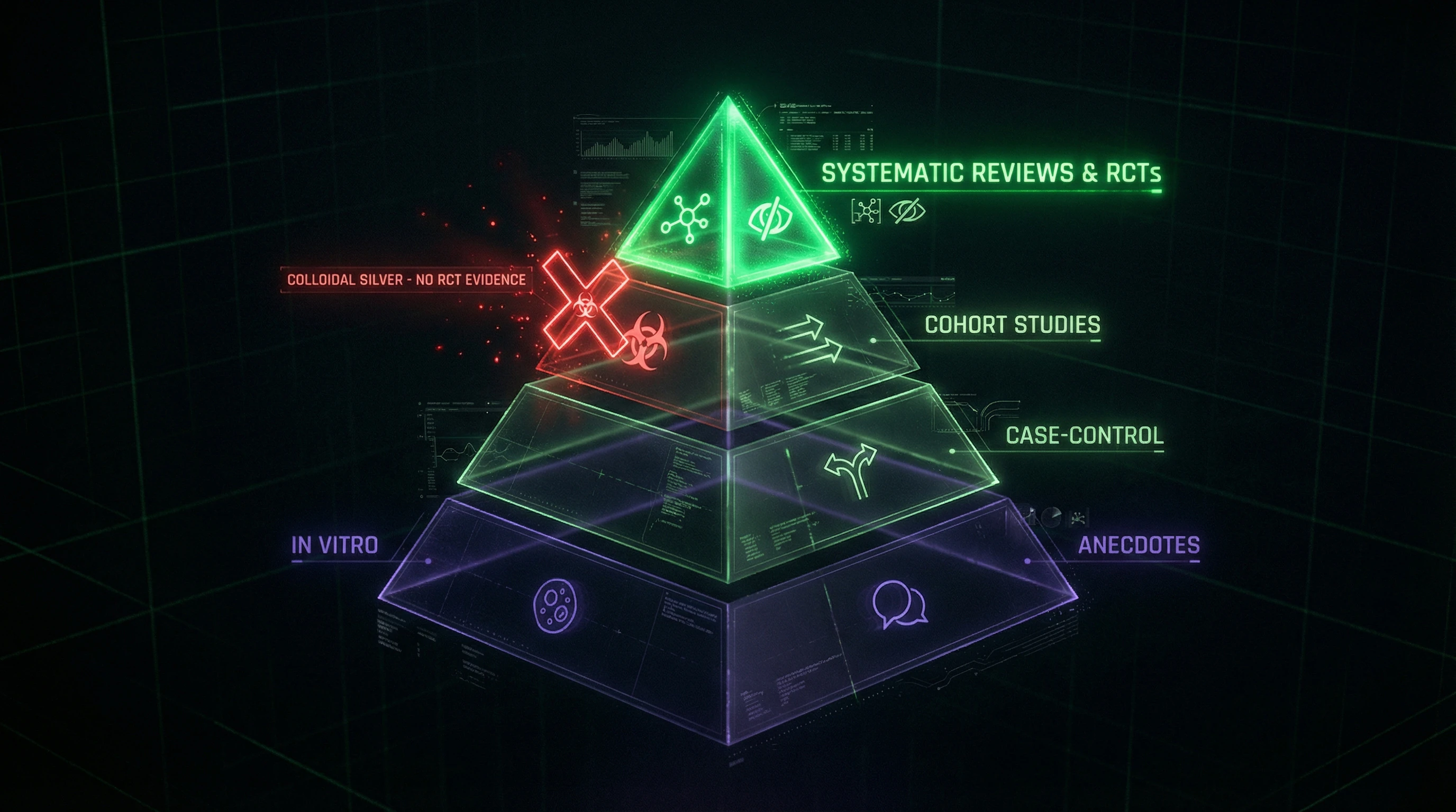 Evidence hierarchy pyramid highlighting the missing RCT level for colloidal silver