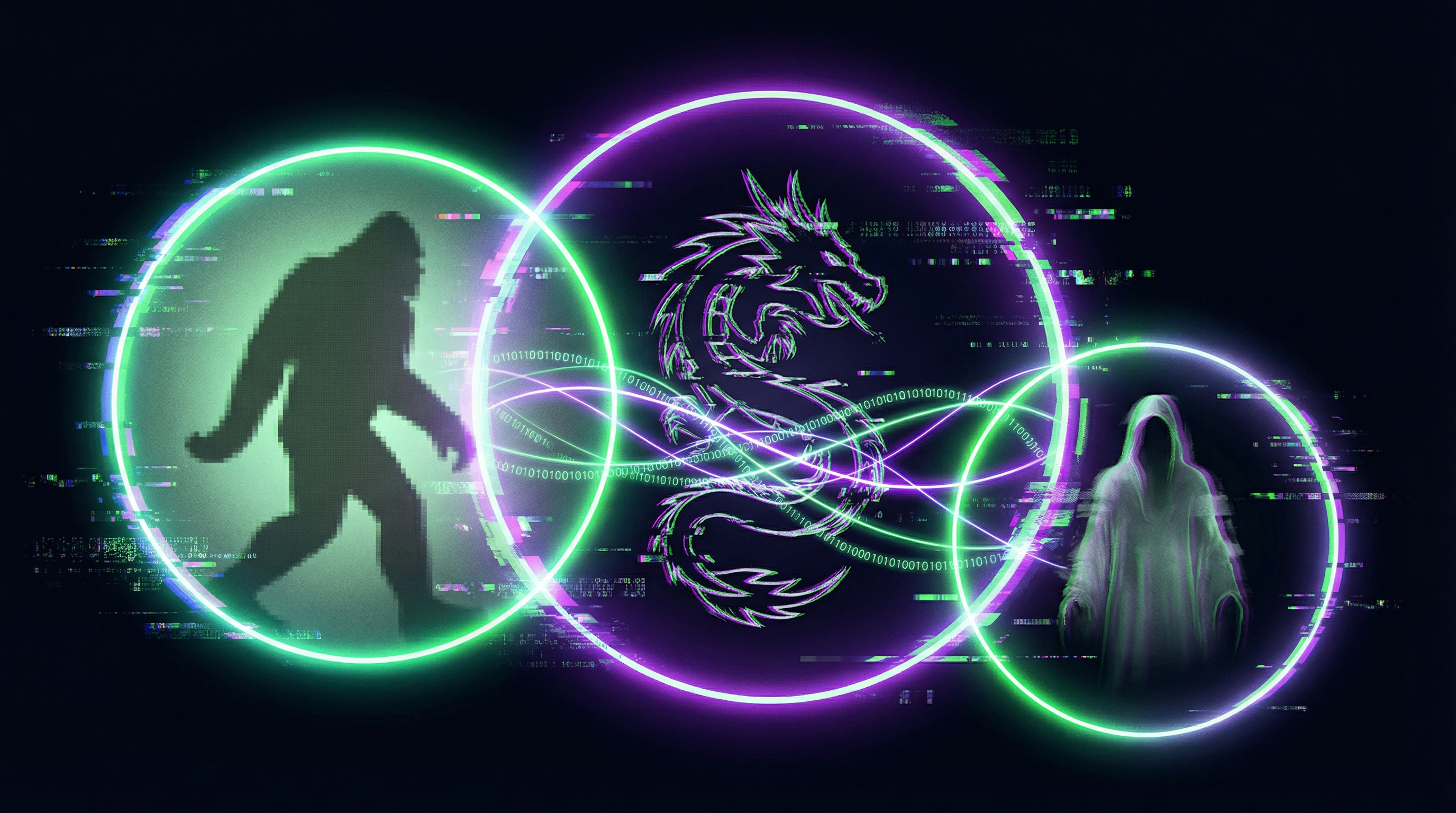 Визуализация размытой границы между криптидами, мифами и легендами в тёмных тонах с неоновыми акцентами