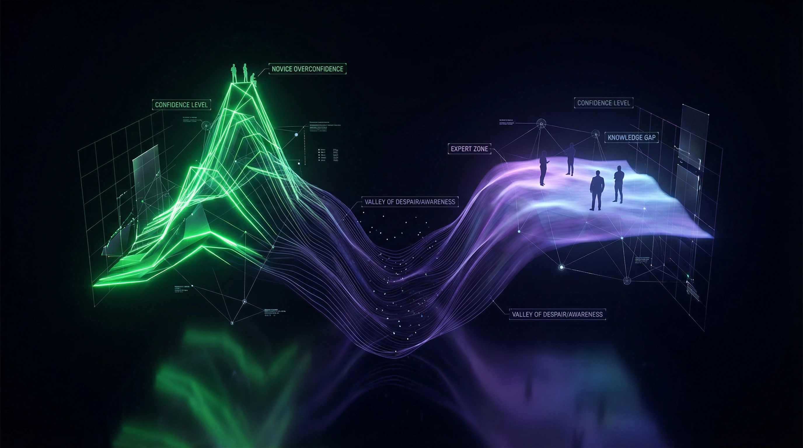 Visualisierung der Zonen kognitiver Verzerrung beim Dunning-Kruger-Effekt mit Gradient von Überschätzung zu Unterschätzung