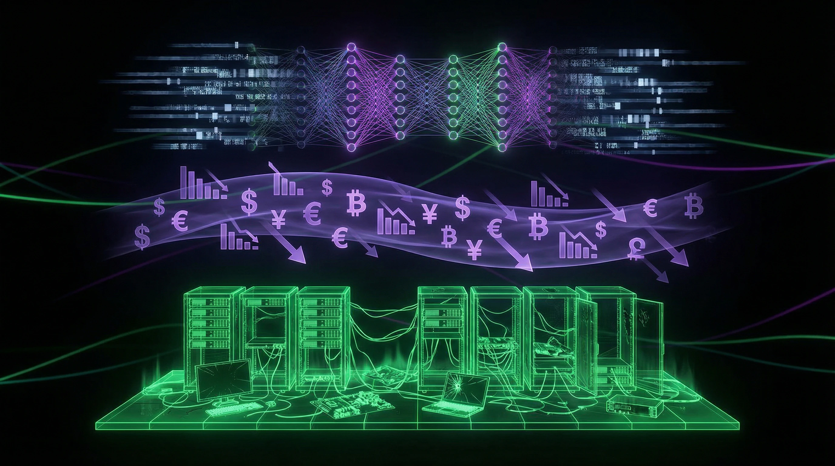 Dreischichtige Visualisierung digitaler Erosion mit technischen, ökonomischen und algorithmischen Ebenen der Zerstörung