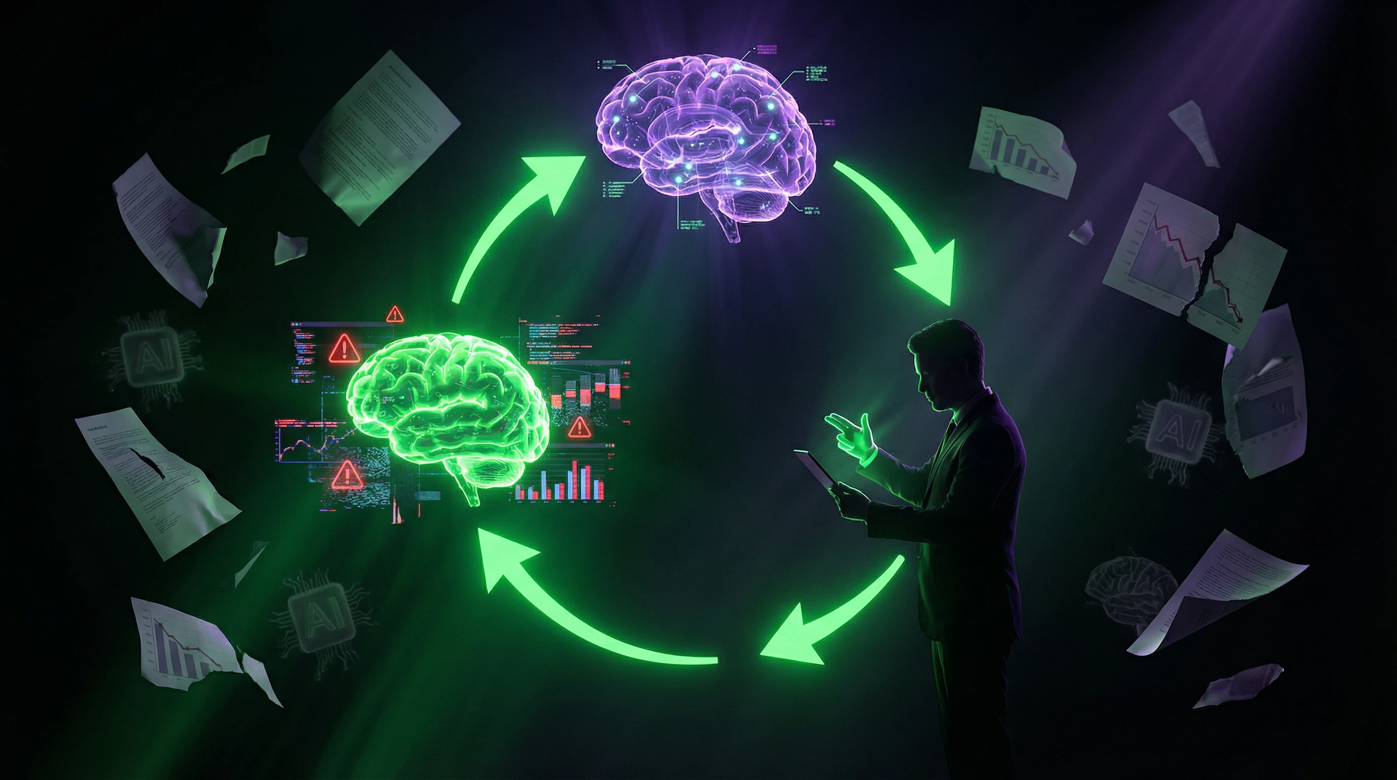 Visualización del bucle de confirmación del mito sobre IA en entorno corporativo
