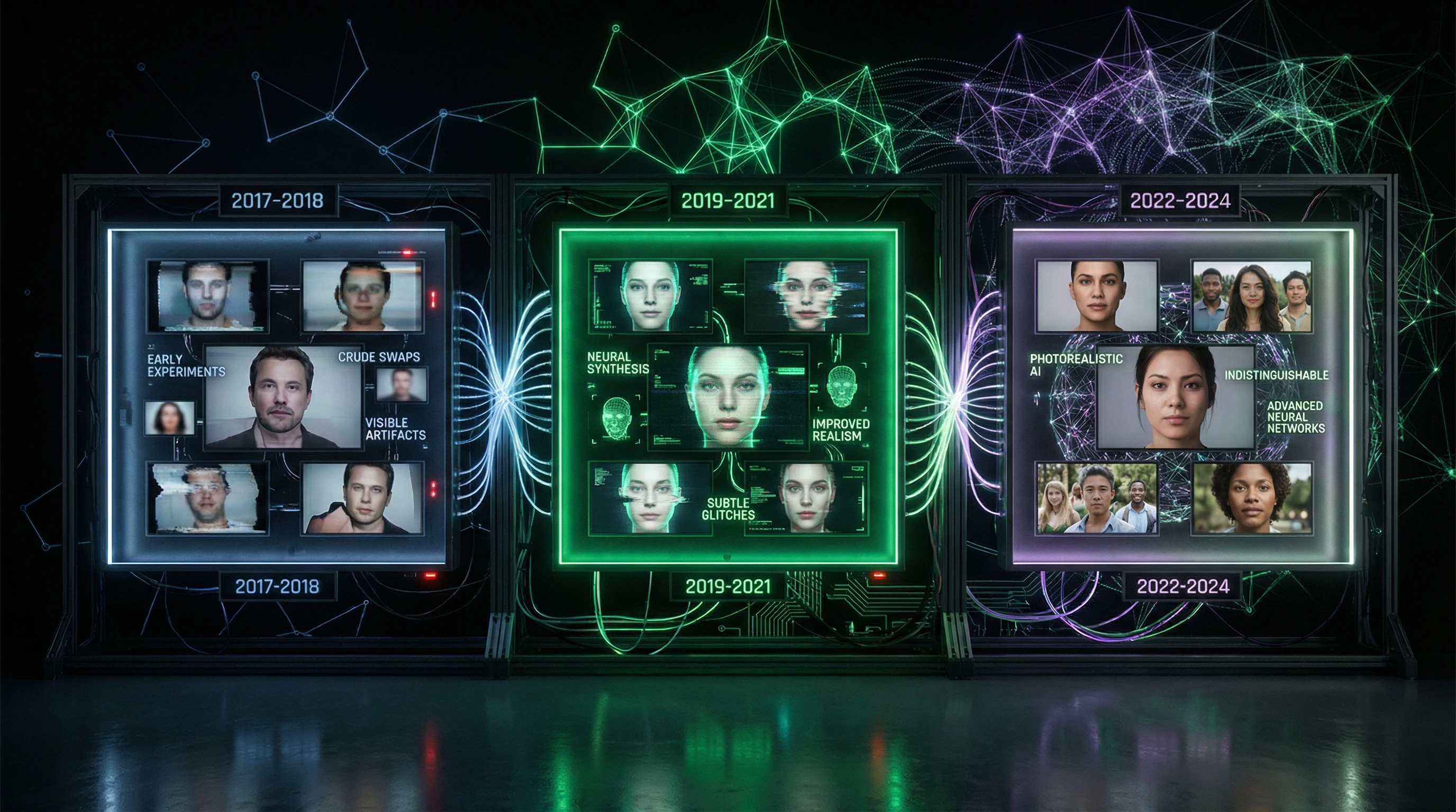 Timeline of deepfake technology evolution with quality examples at each stage