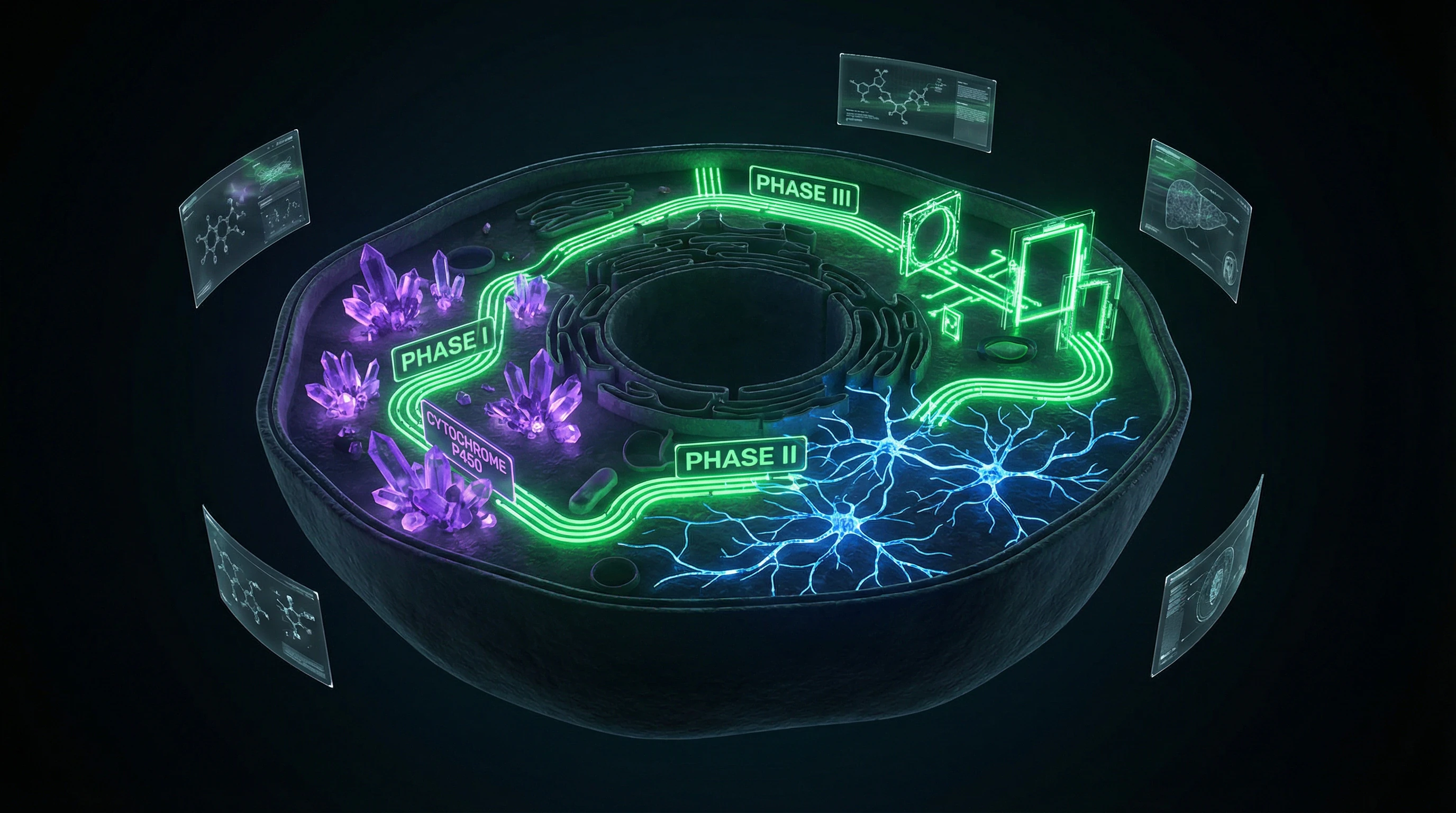 Three-phase liver detoxification system with cytochrome P450 enzymes and conjugation pathways