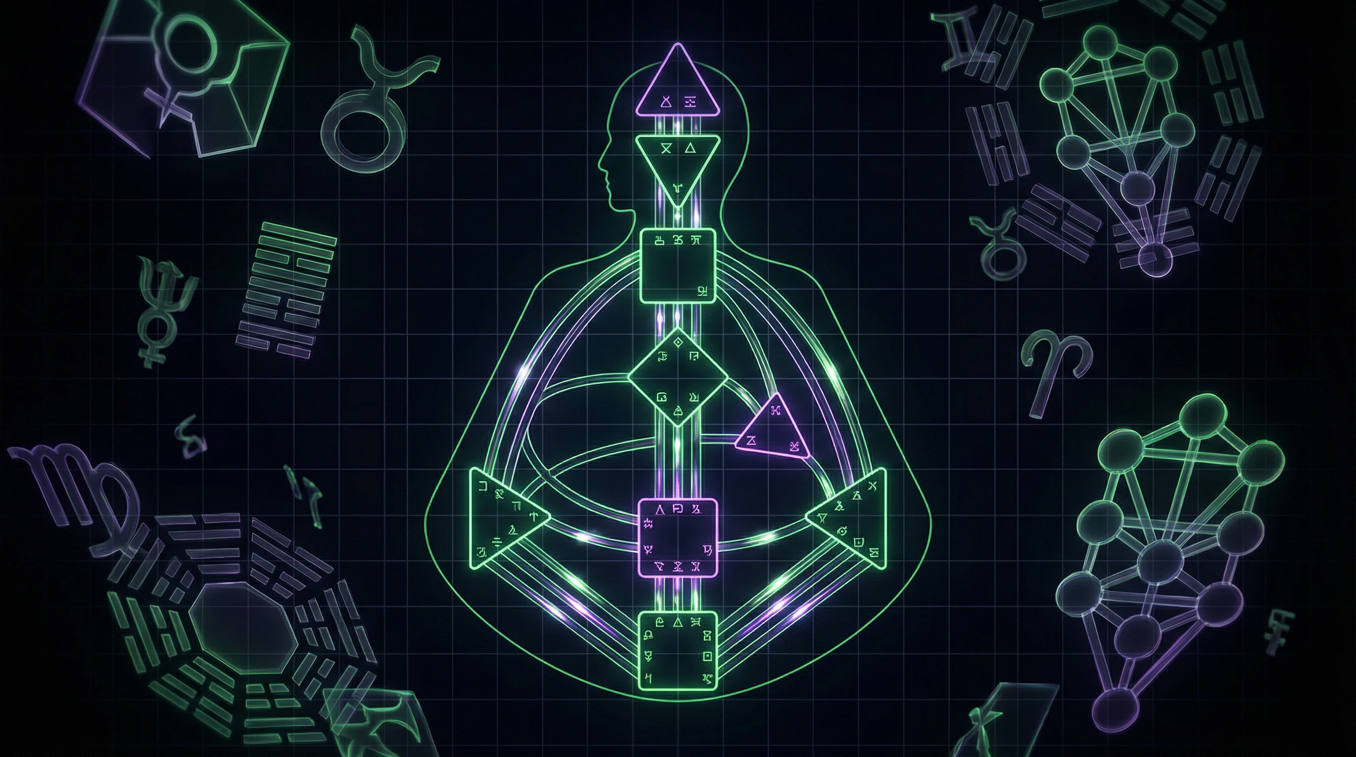 Schematische Darstellung eines Bodygraphs mit neun Zentren und Kanälen in Neontönen
