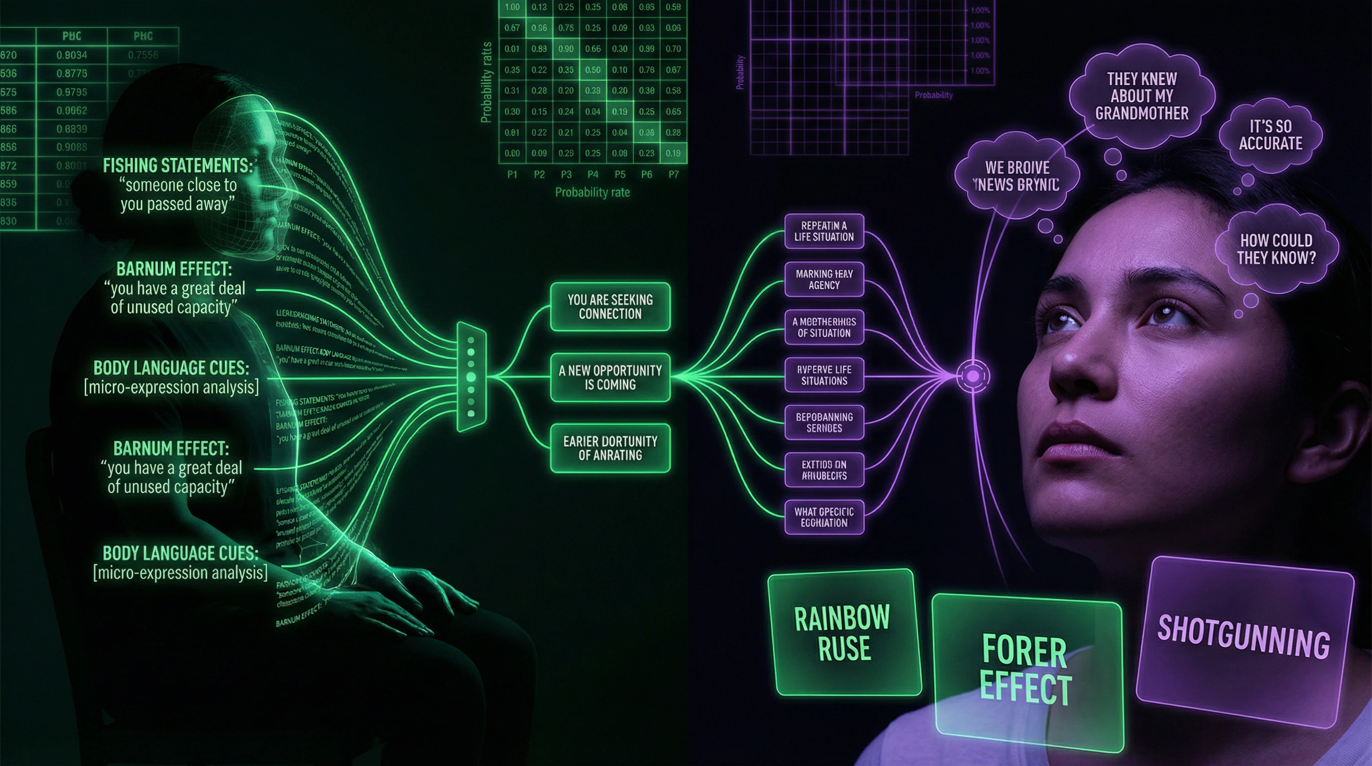 Visualization of cold reading technique and psychological manipulation by psychics