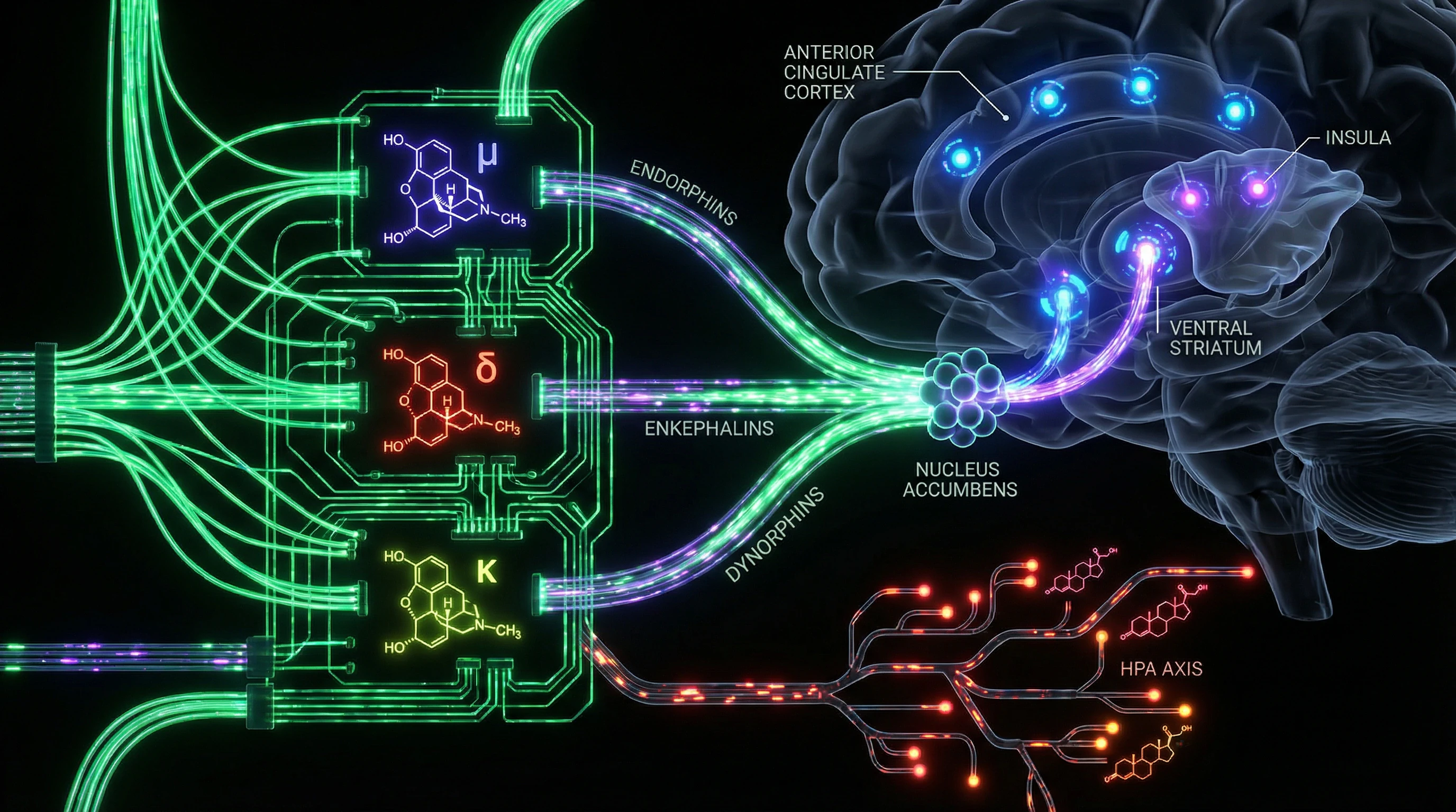 Схема эндогенной опиоидной системы с тремя типами рецепторов и их связями с дофаминовой системой вознаграждения