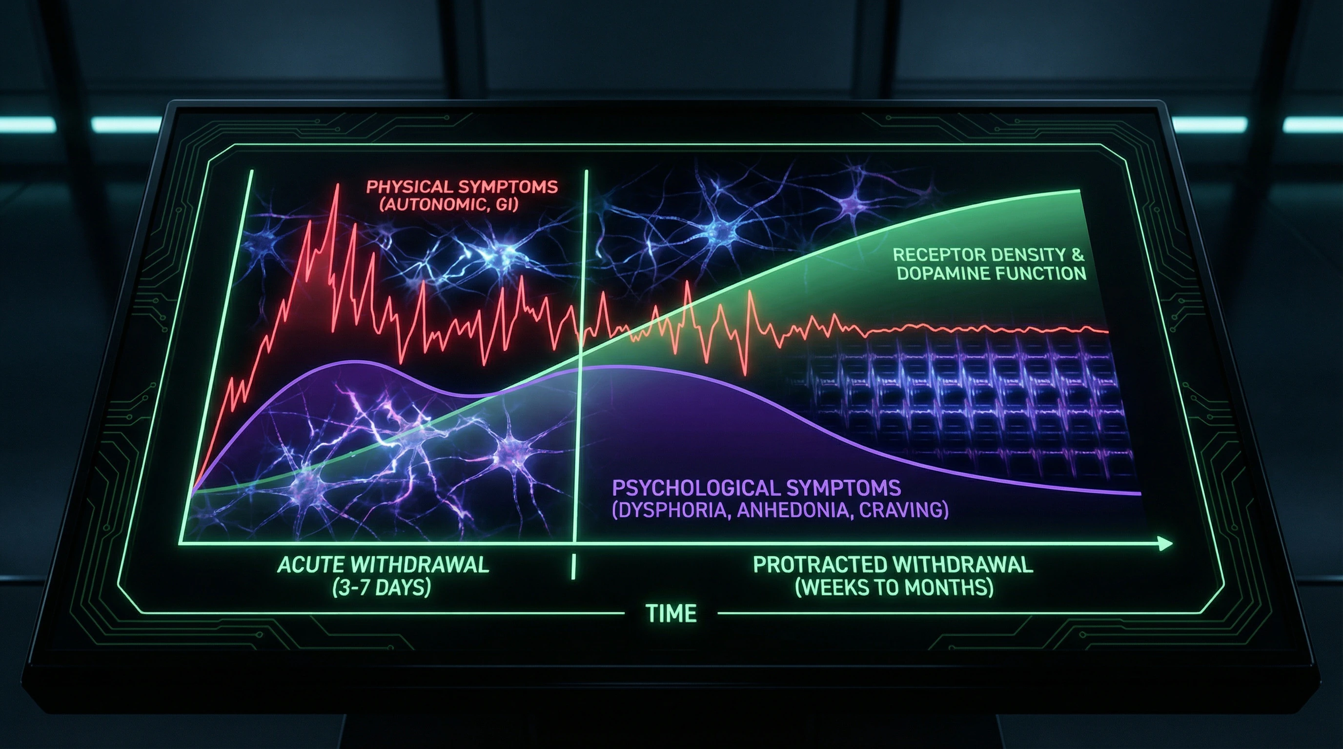 Временная динамика синдрома отмены с острой и протрагированной фазами, показывающая изменения в опиоидной и дофаминовой системах