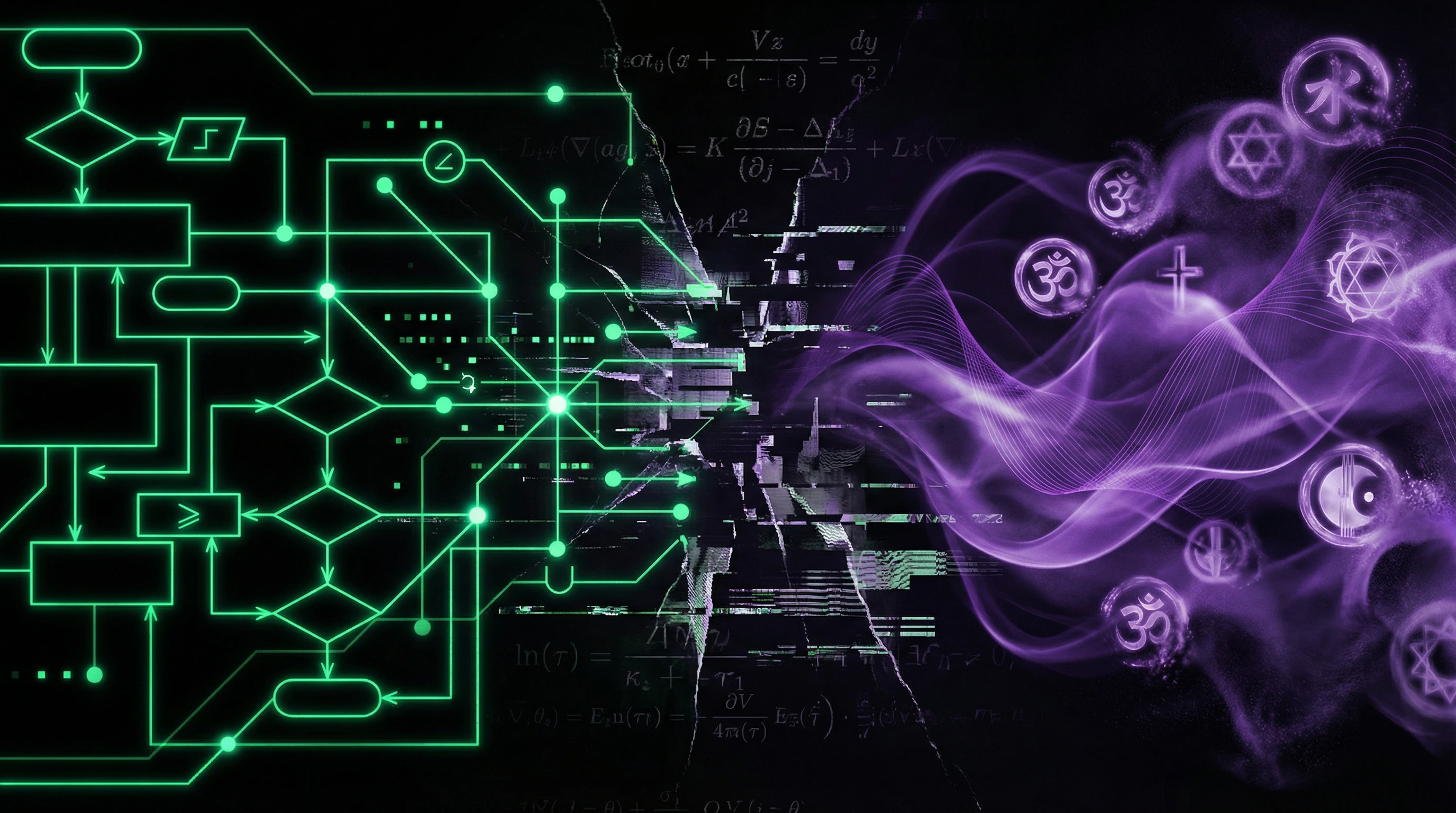 Visualisierung des Bruchs zwischen rationalem Diskurs und religiösem Glauben in Cyberpunk-Ästhetik