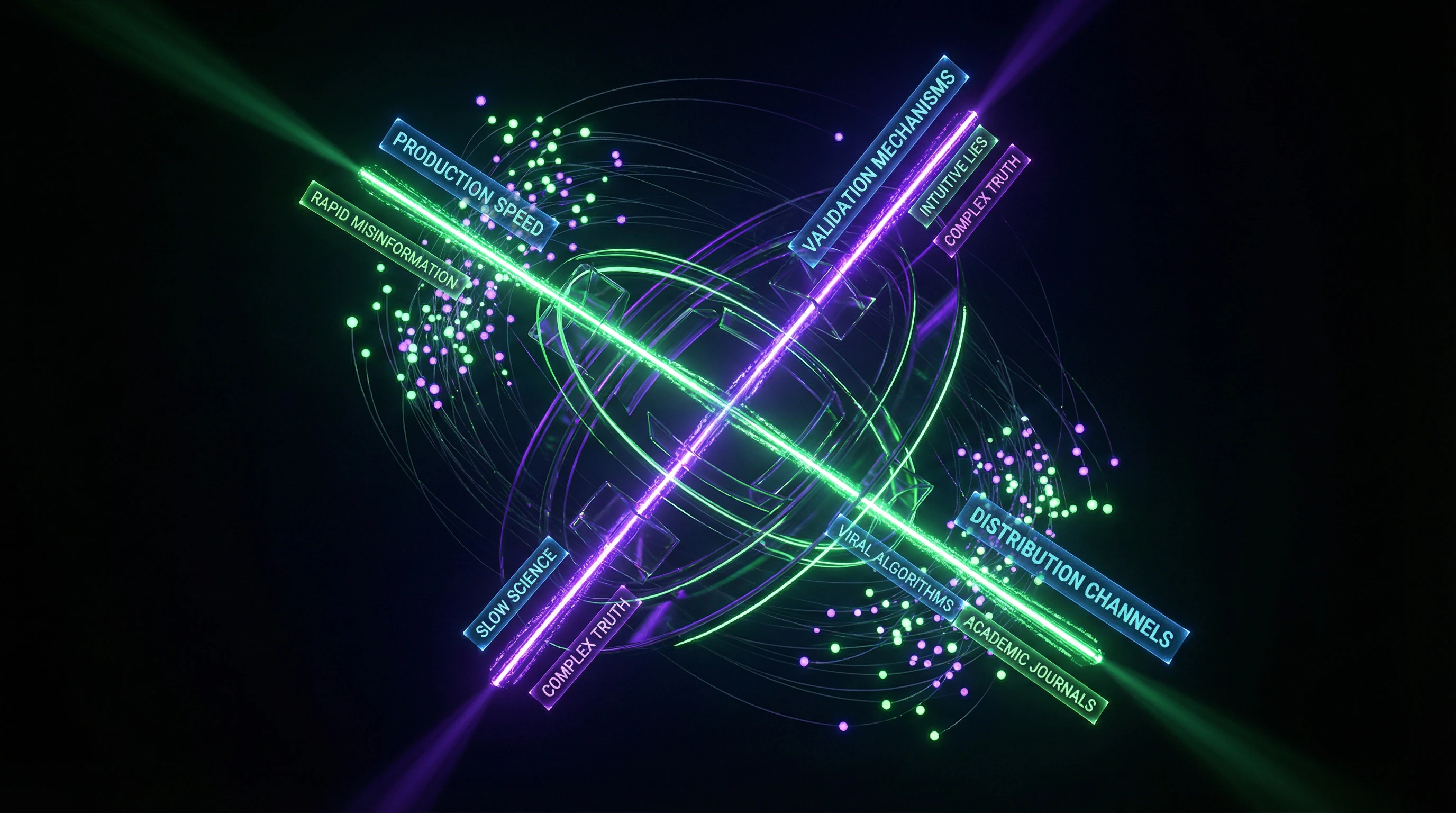 Three-dimensional diagram of the medical knowledge crisis with axes of information production, validation, and dissemination