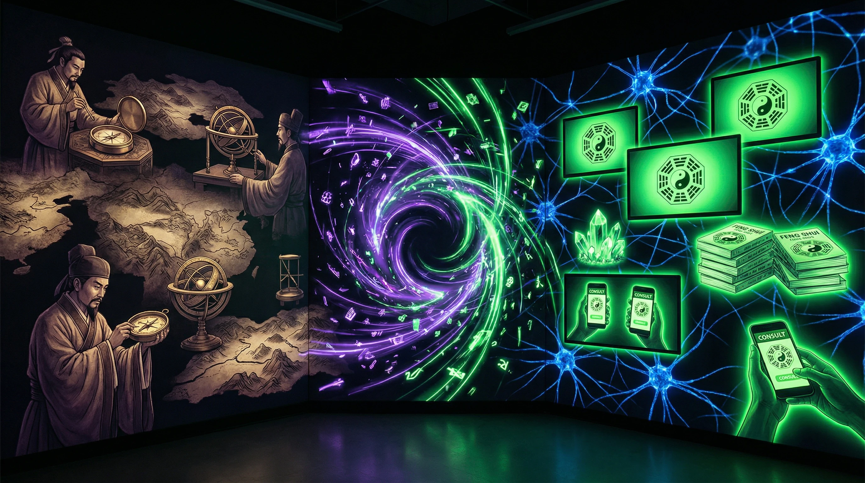 Visualization of traditional feng shui transformation into modern commercial product with cognitive traps