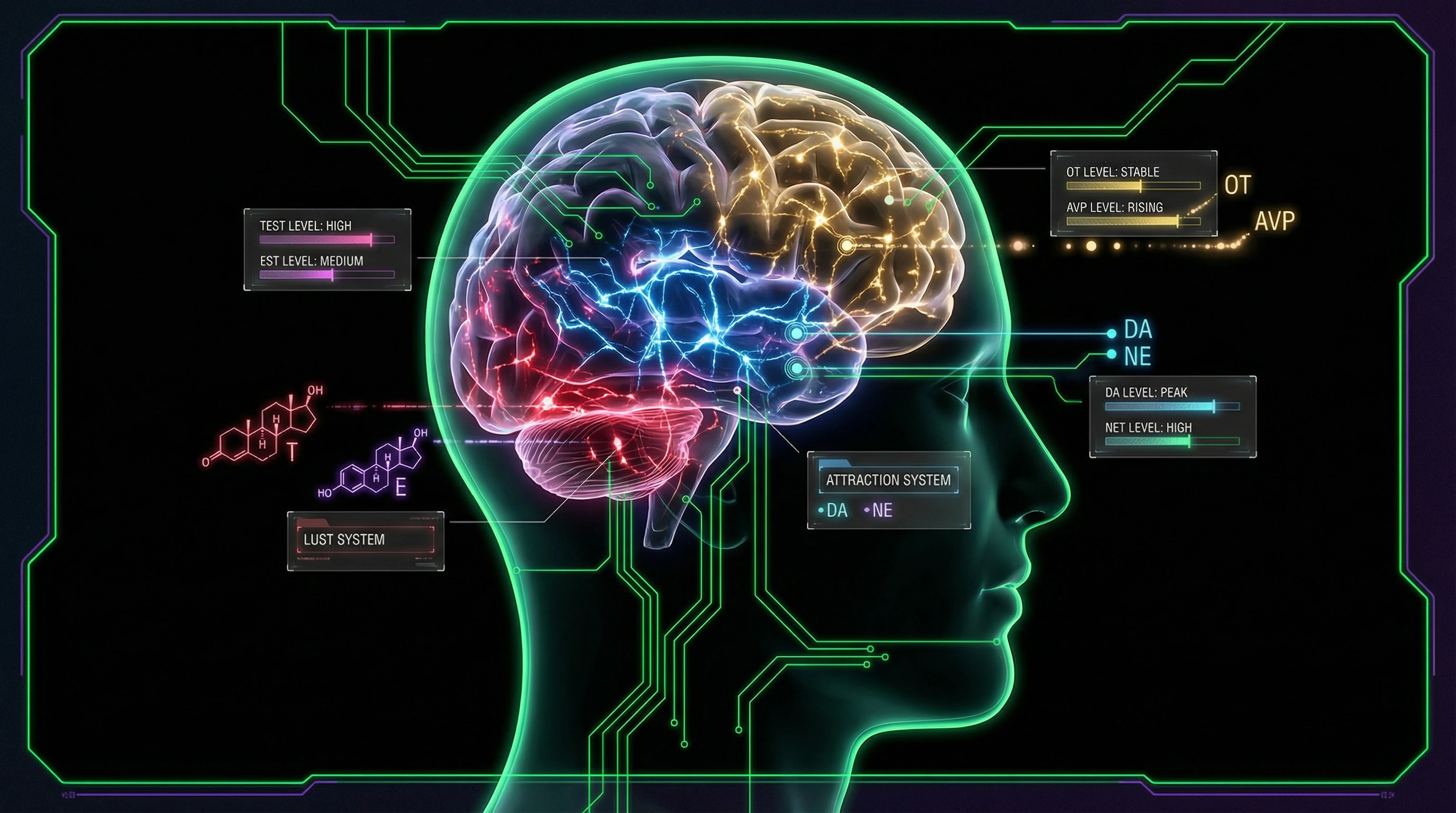 Схематическое изображение трёх независимых нейробиологических систем в мозге человека с различными нейромедиаторами