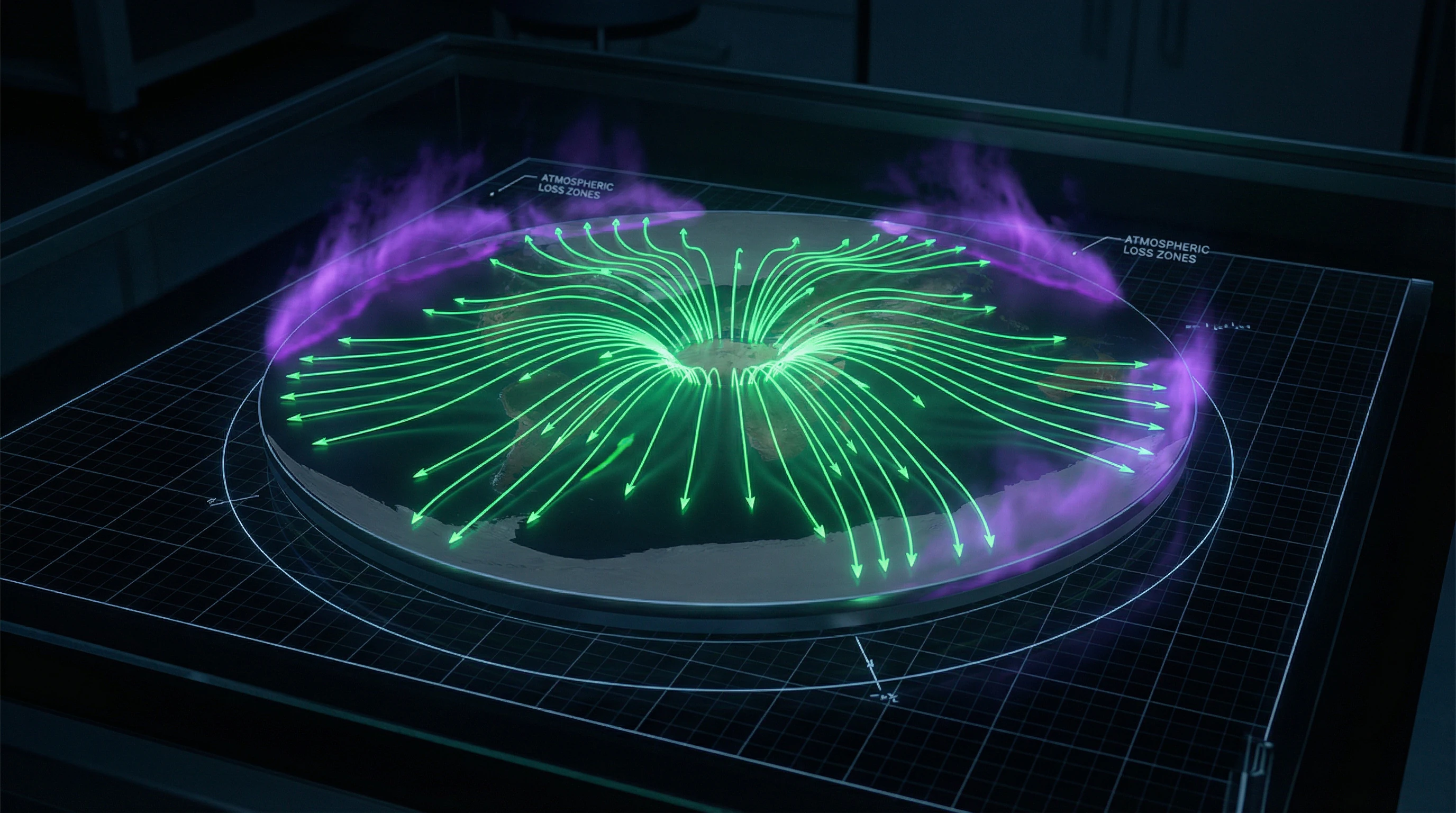 Visualization of a flat disk Earth's gravitational field with force vectors pointing toward the center, creating angled attraction at the edges