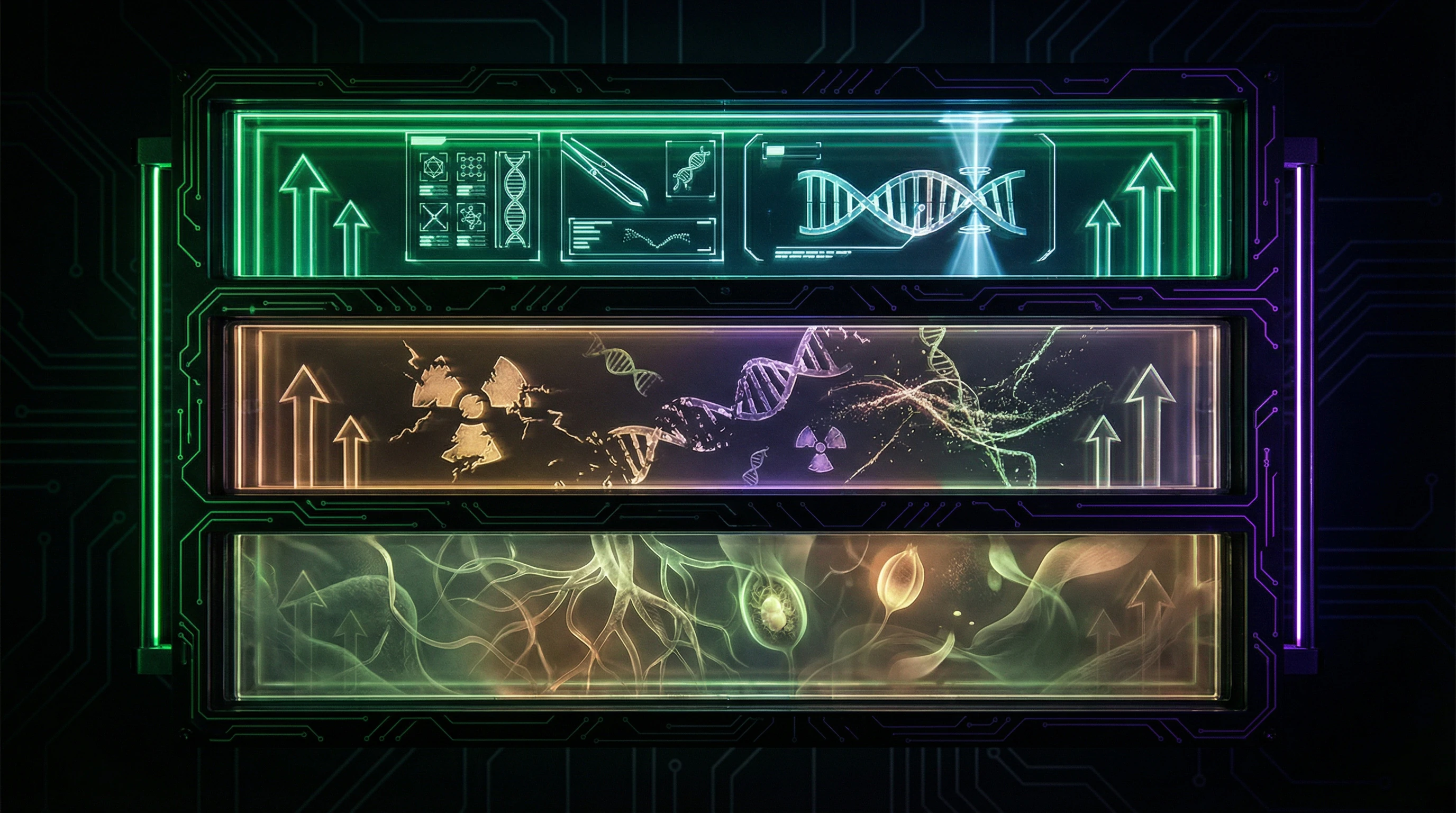 Three-level diagram of genetic modification methods from breeding to CRISPR