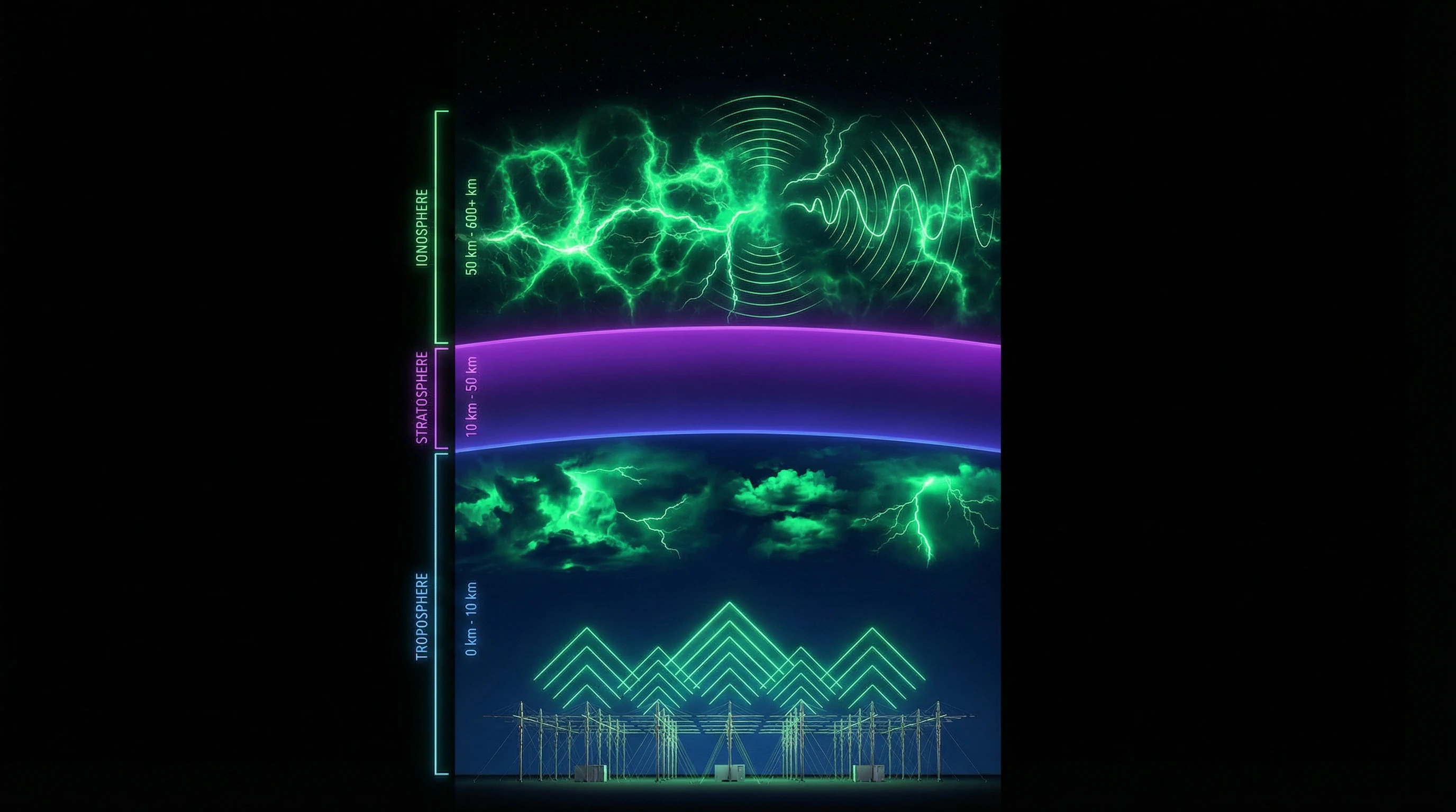 Diagram of atmospheric layers showing troposphere and ionosphere altitudes