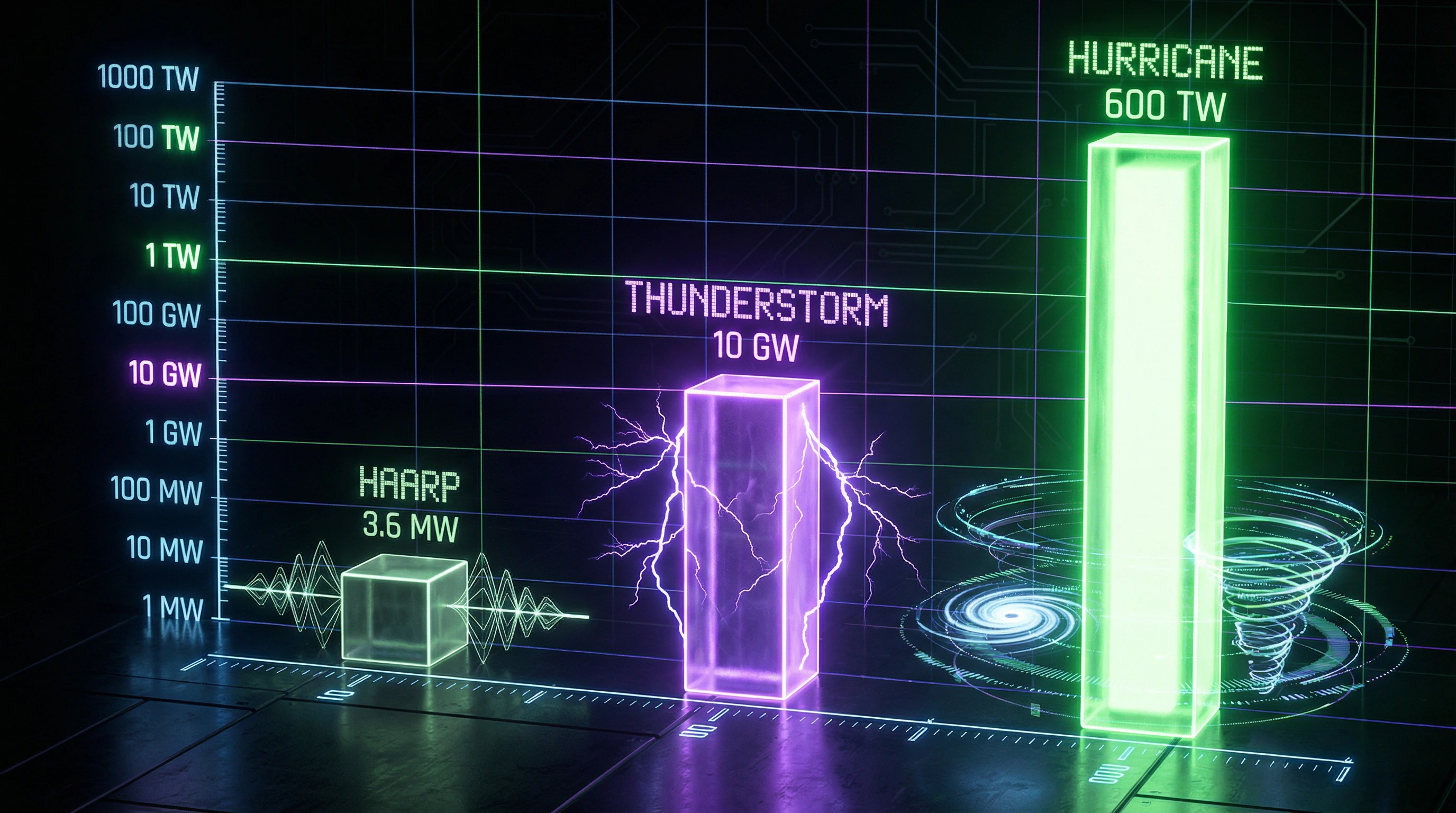 Comparative energy diagram of HAARP, thunderstorm, and hurricane