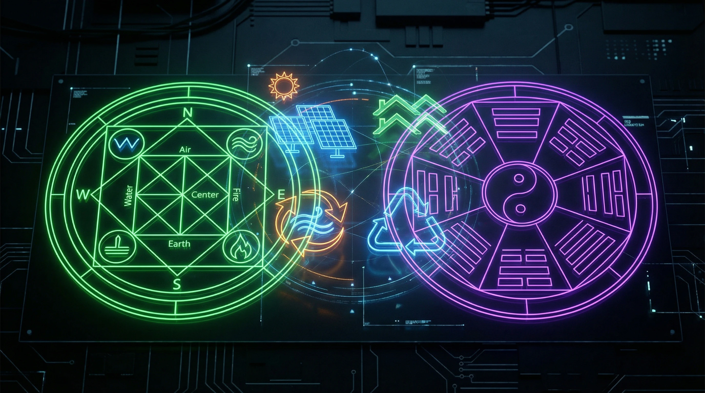 Comparative diagram of Vastu Shastra and Feng Shui principles with sustainable architecture elements