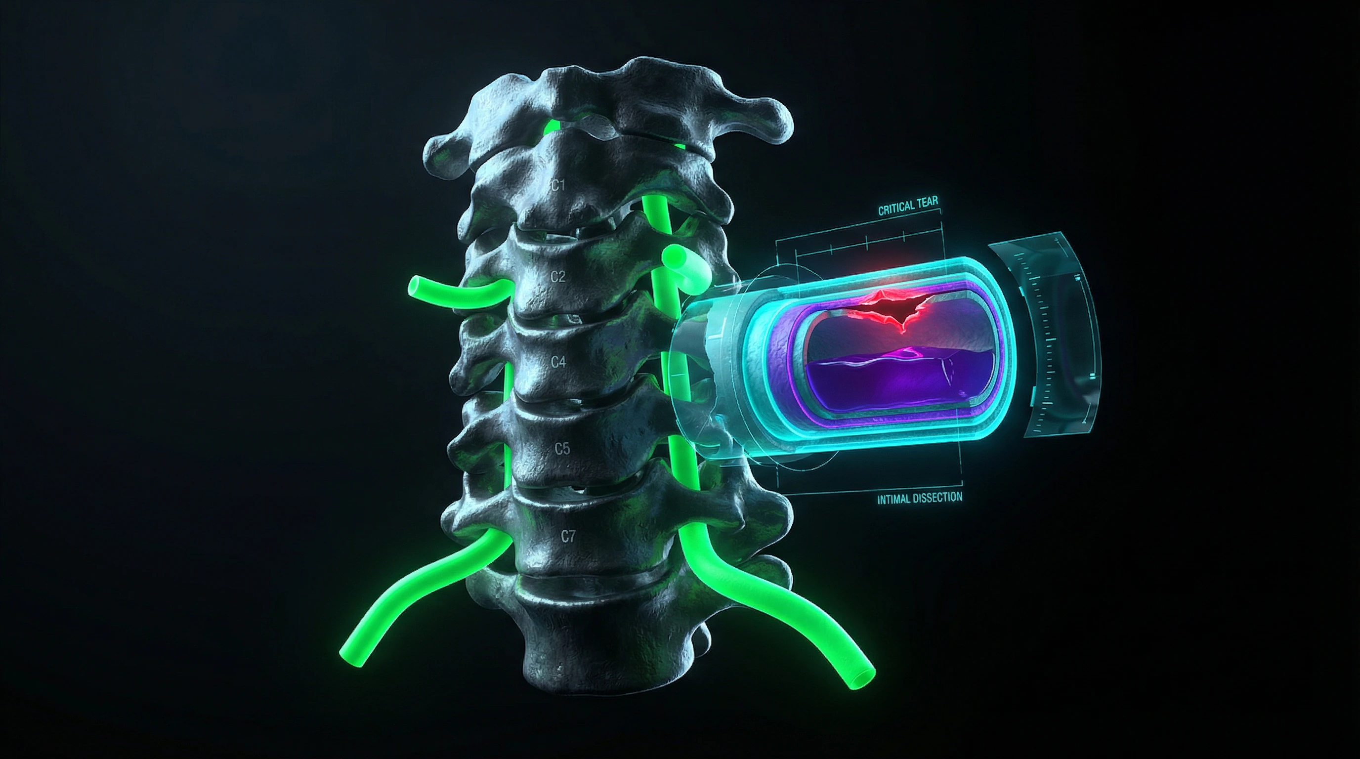 3D visualization of cervical vertebrae with vertebral arteries showing dissection mechanism
